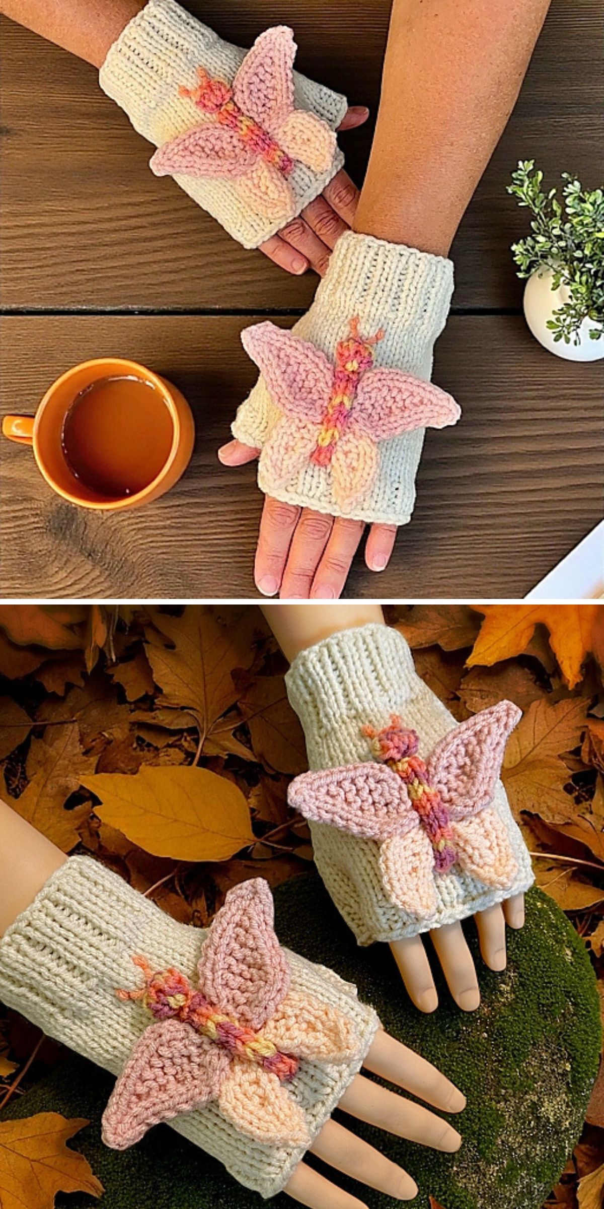 Two images of knit fingerless gloves in a soft cream color, adorned with pink crocheted butterfly appliqués, modeled on both hands and mannequin hands.
