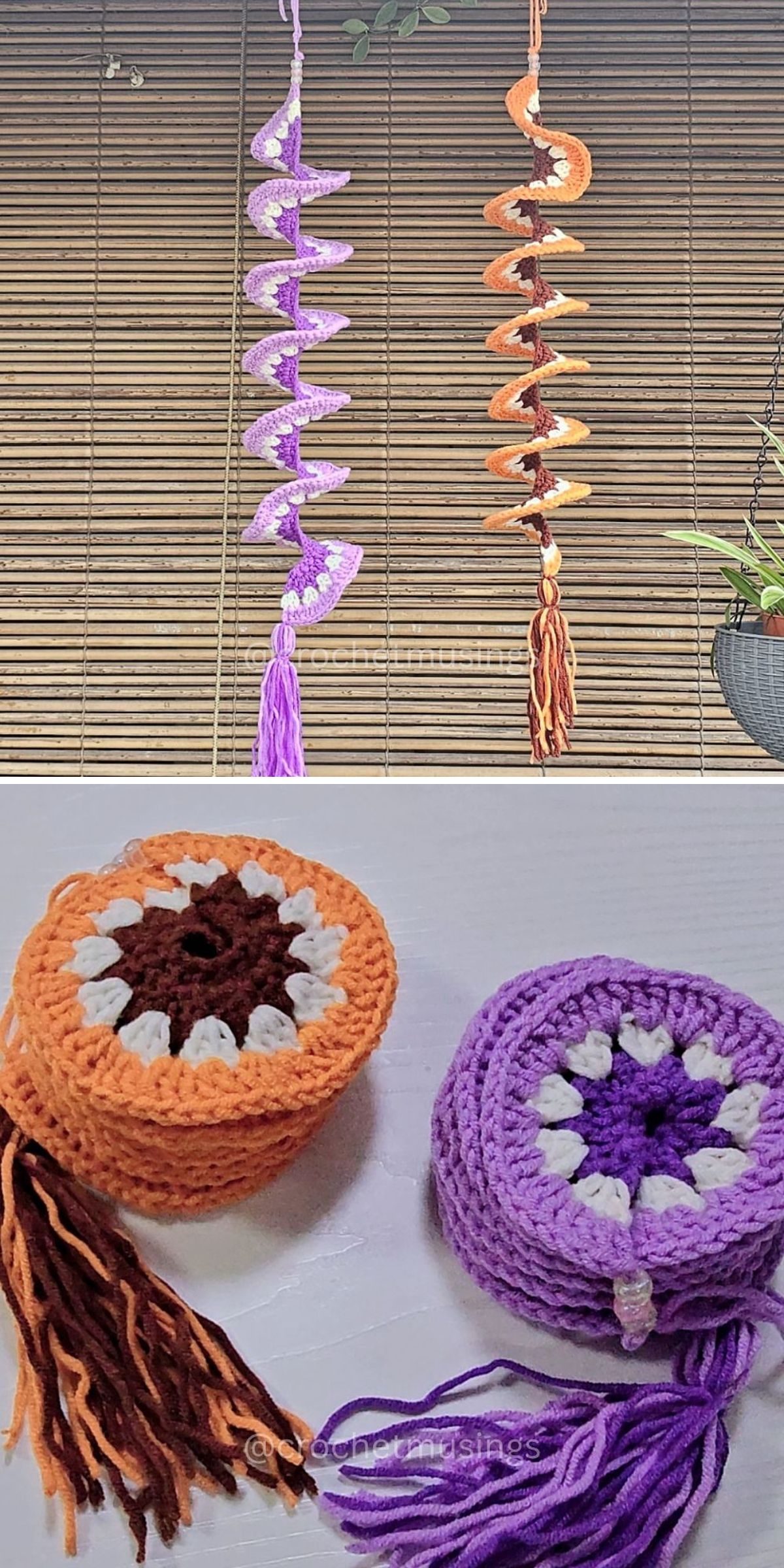 Two crochet spiral hangings, one orange and one purple, each with a tassel at the bottom, are shown displayed against a window and placed on a flat surface. These vibrant crochet windspinners add a playful twist to any decor.
