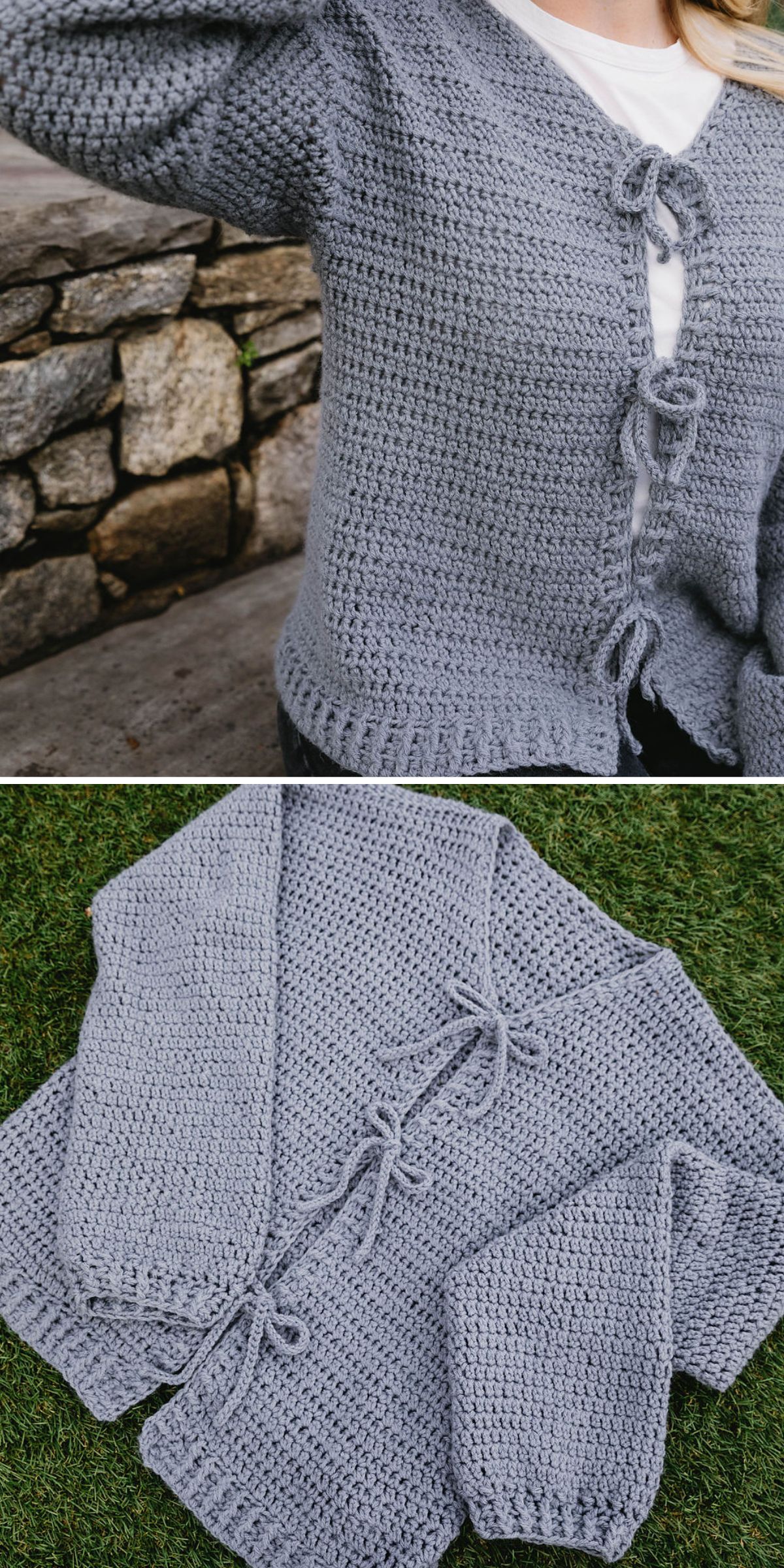 A person wears a handmade gray crochet cardigan with three front tie closures; the second image shows the same crochet cardigan laid flat on grass.