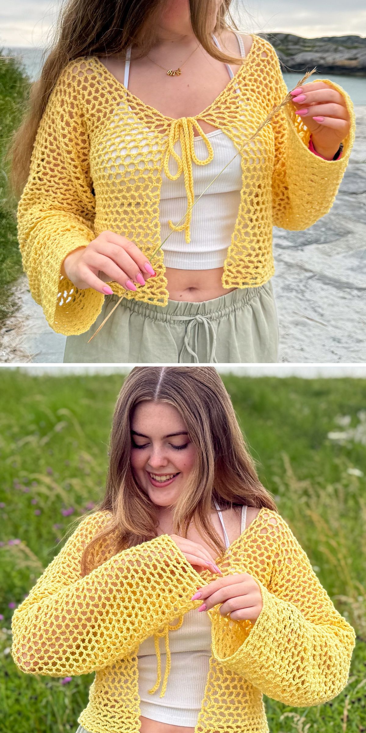 A woman outdoors wears a yellow, crochet mesh cardigan over a white crop top and light pants, holding a flower in one image and smiling in the other.