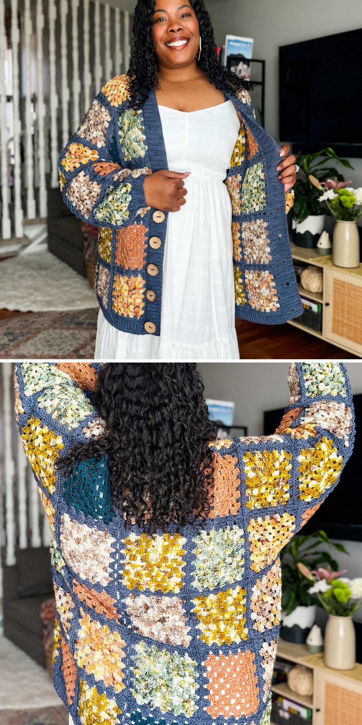 A woman in a white dress models a vibrant crochet cardigan, displaying its colorful, patchwork design from both the front and back views in a cozy living room setting.