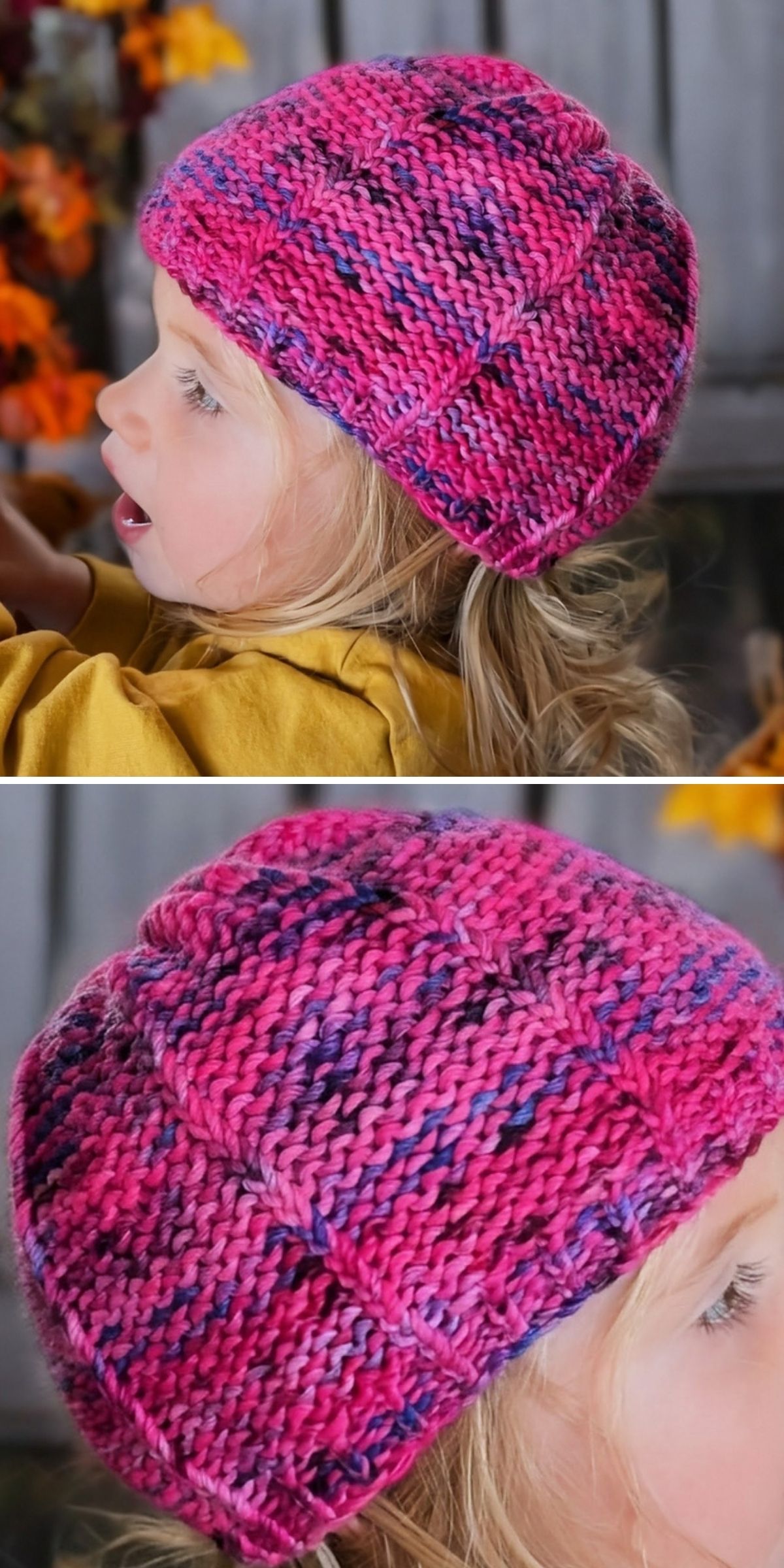 A young child wearing a pink and purple knit baby hat, shown in a side profile in the top image and a close-up of the knit hat pattern in the bottom image.