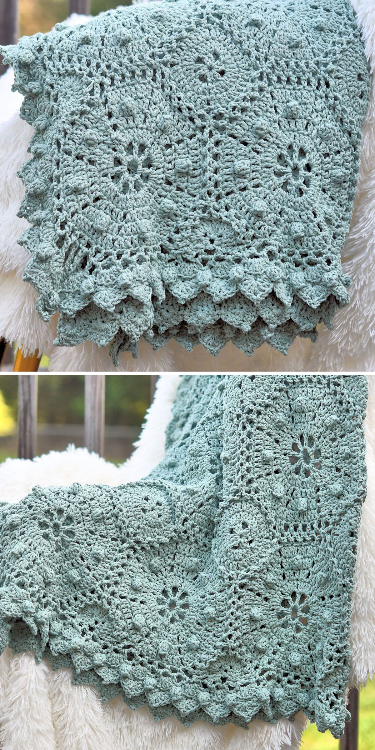 A light green crocheted blanket with floral and geometric patterns is draped over a white, fluffy surface, showcasing the delicate artistry typical of handmade crochet throws.
