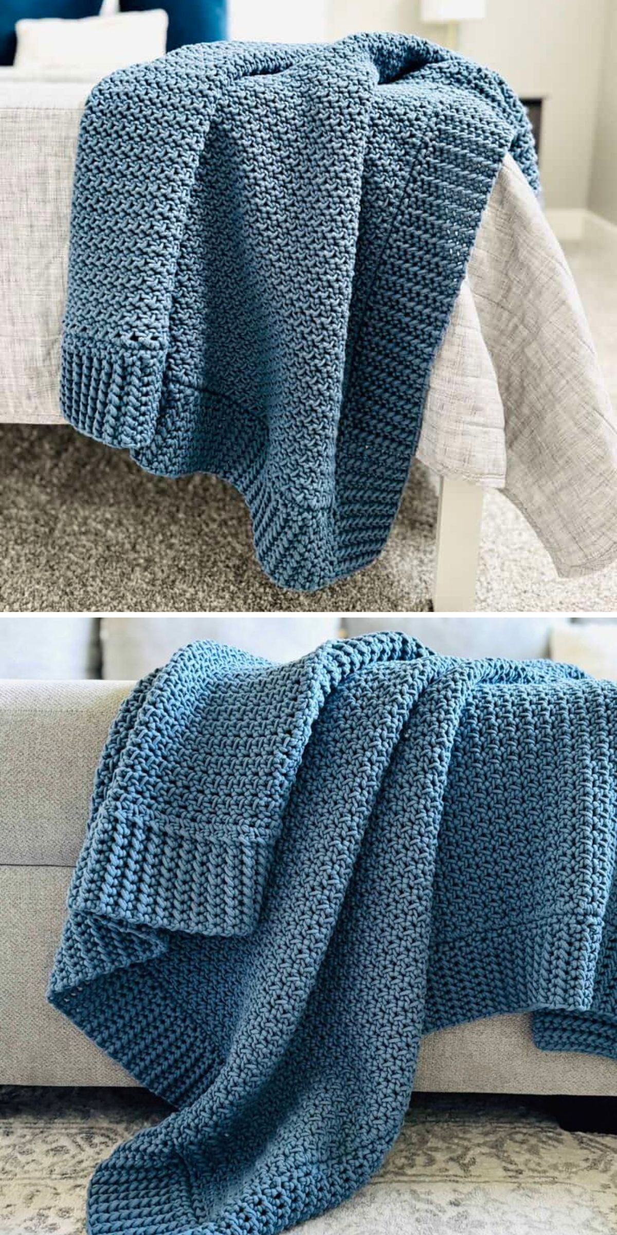 Two photos show a chunky, textured, blue crochet blanket draped over a bed and then over a couch, adding cozy charm reminiscent of classic crochet throws.