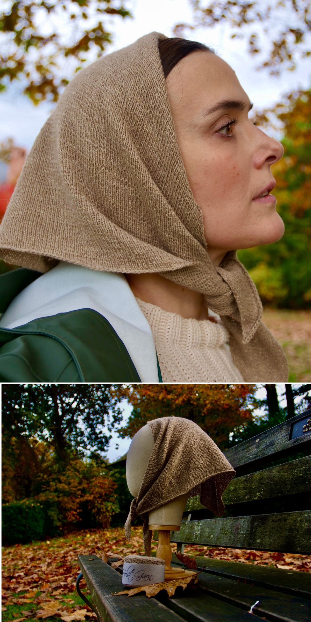 A woman wears a brown textured headscarf outdoors; below, the headscarf—reminiscent of classic knitted bandanas and kerchiefs—is displayed on a mannequin head on a park bench with autumn leaves in the background.