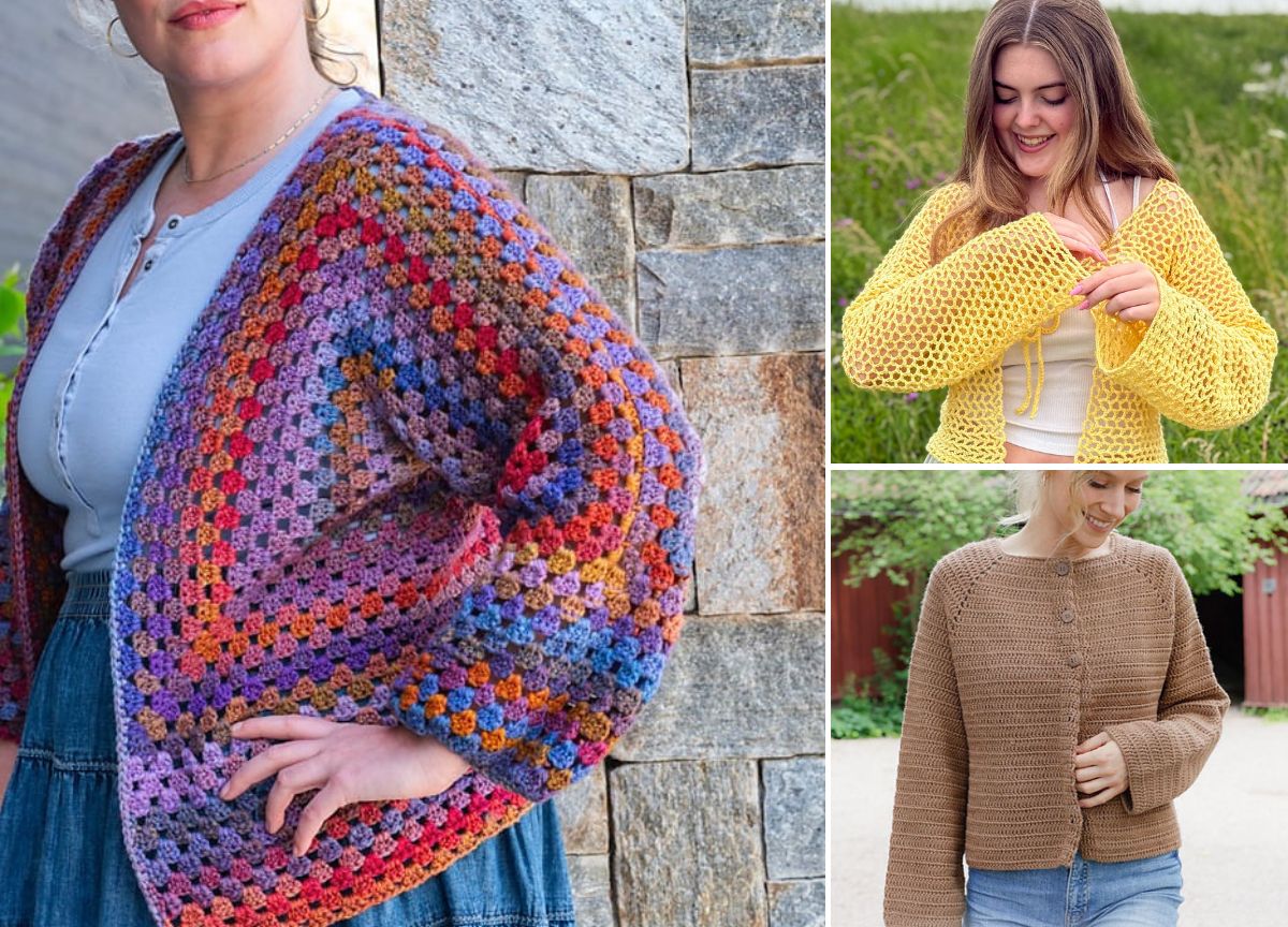 Three women model different crochet cardigans: a multicolored granny square design, a yellow open-pattern style, and a solid brown textured cardigan.