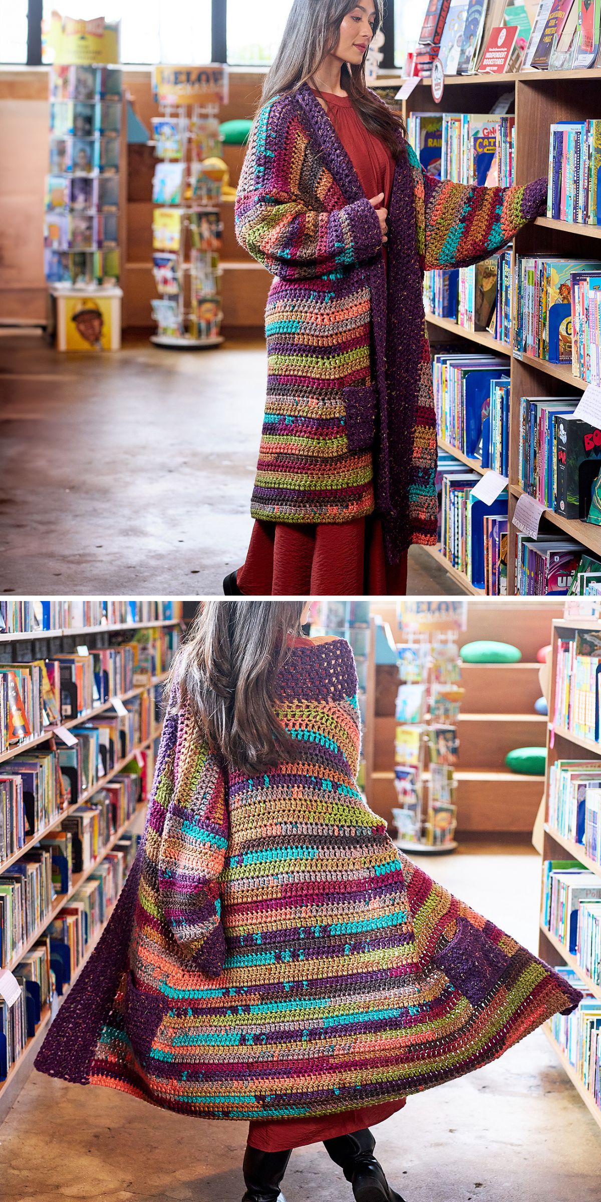 A woman in a colorful crochet cardigan browses books in a library. The long crochet cardigan features stripes in various bright colors and extends below her knees.