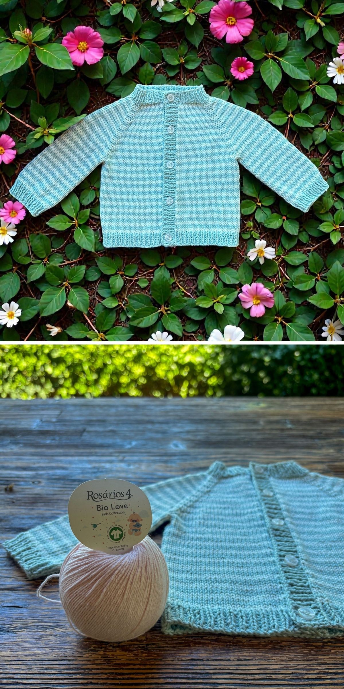 A light blue striped knit baby cardigan sweater displayed on green leaves with flowers, and shown again on wood beside a ball of Rosários 4 Bio Love yarn.