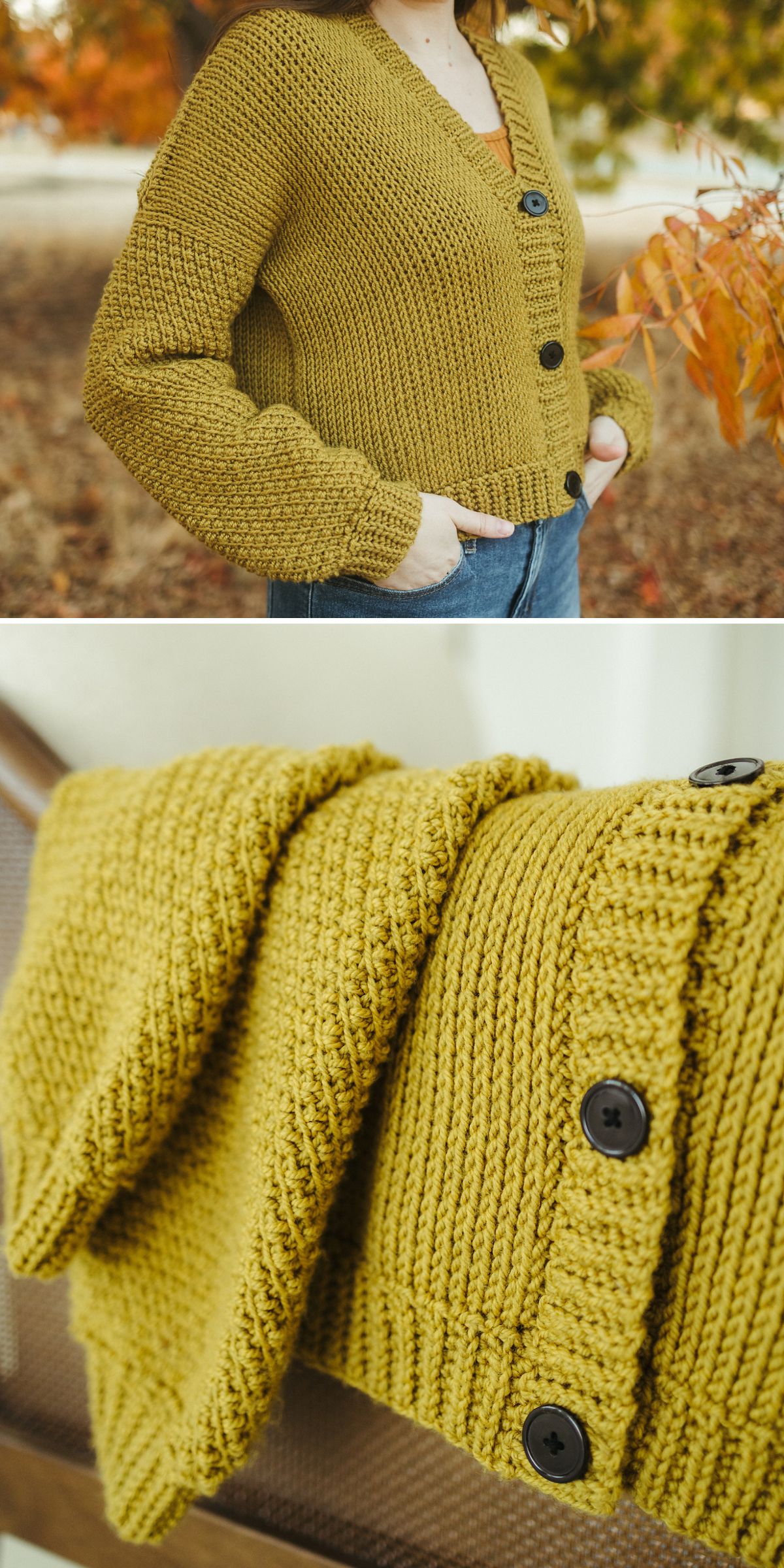 A person wears a chunky, mustard-yellow crochet cardigan with black buttons; the cardigan is also shown draped over a chair.
