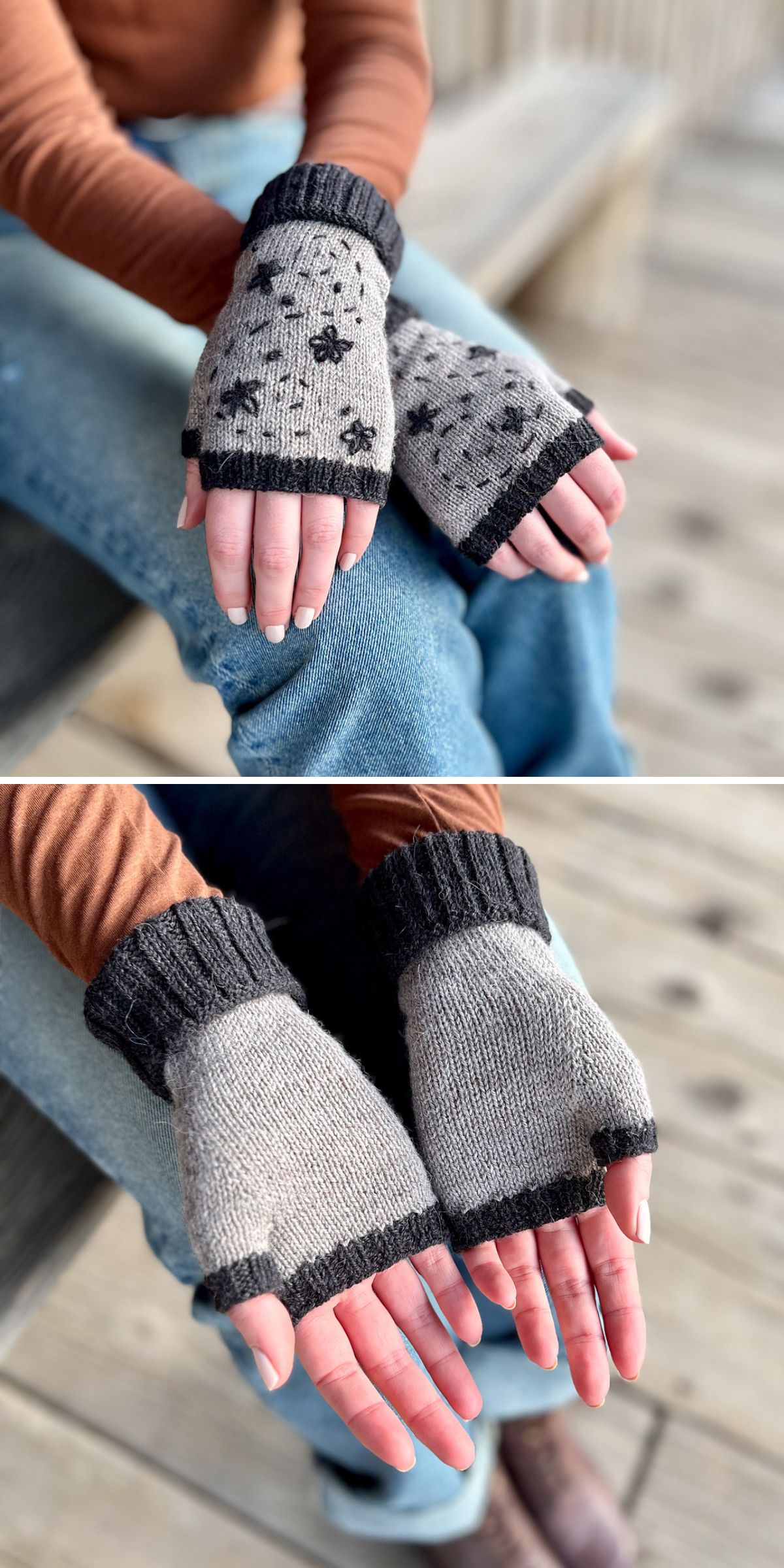 Two images show hands wearing light gray, knit fingerless gloves with black trim; the top pair features a flower pattern, while the bottom is plain. Both styles of knit fingerless gloves are modeled by a seated person in blue jeans.