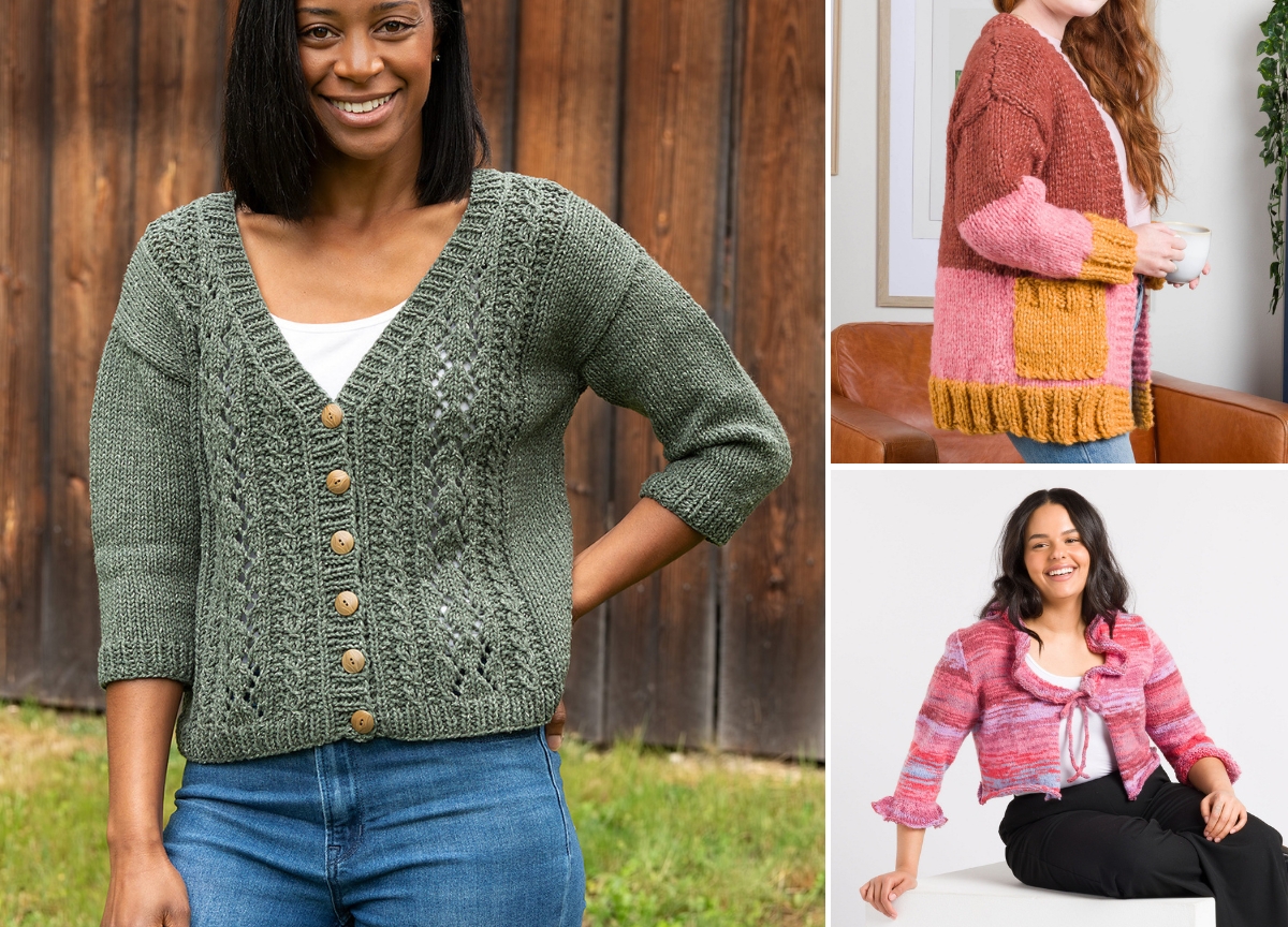 Three women model hand-knit cardigans: one in green with wooden buttons, one in pink and mustard color-block, and one in pink with white ties. Each is posed in a casual indoor or outdoor scene.