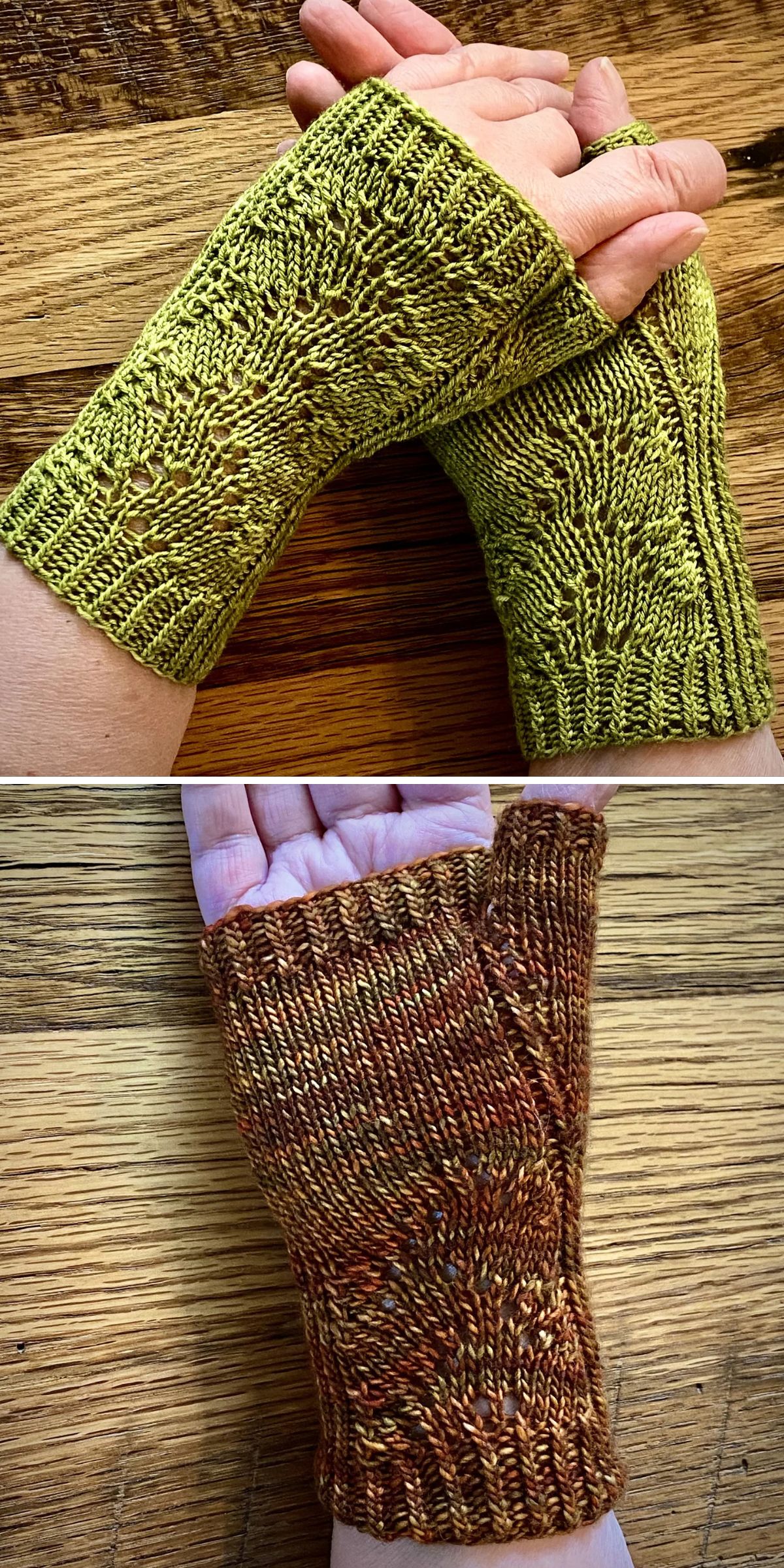 Two hands wear knit fingerless gloves with a lacy leaf pattern; one pair is green and the other is brown. Both pairs of knit fingerless gloves are photographed against a wooden background.