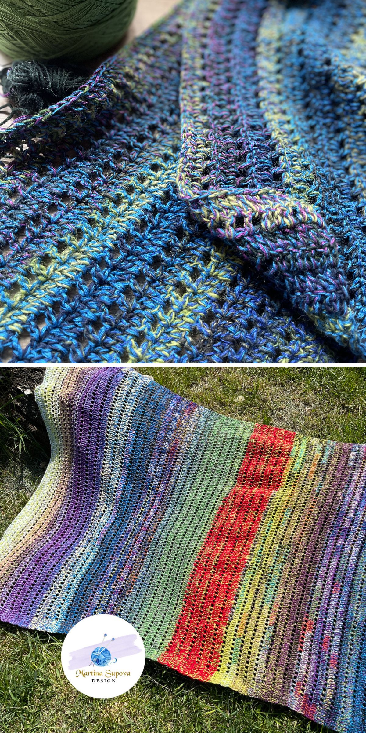 Two photos show a multicolored crocheted blanket: a close-up of the stitches and an overhead view of the finished blanket laid on grass, with a yarn ball and a yarn label visible. This vibrant piece perfectly showcases the beauty and texture that crochet throws can bring to any cozy corner.