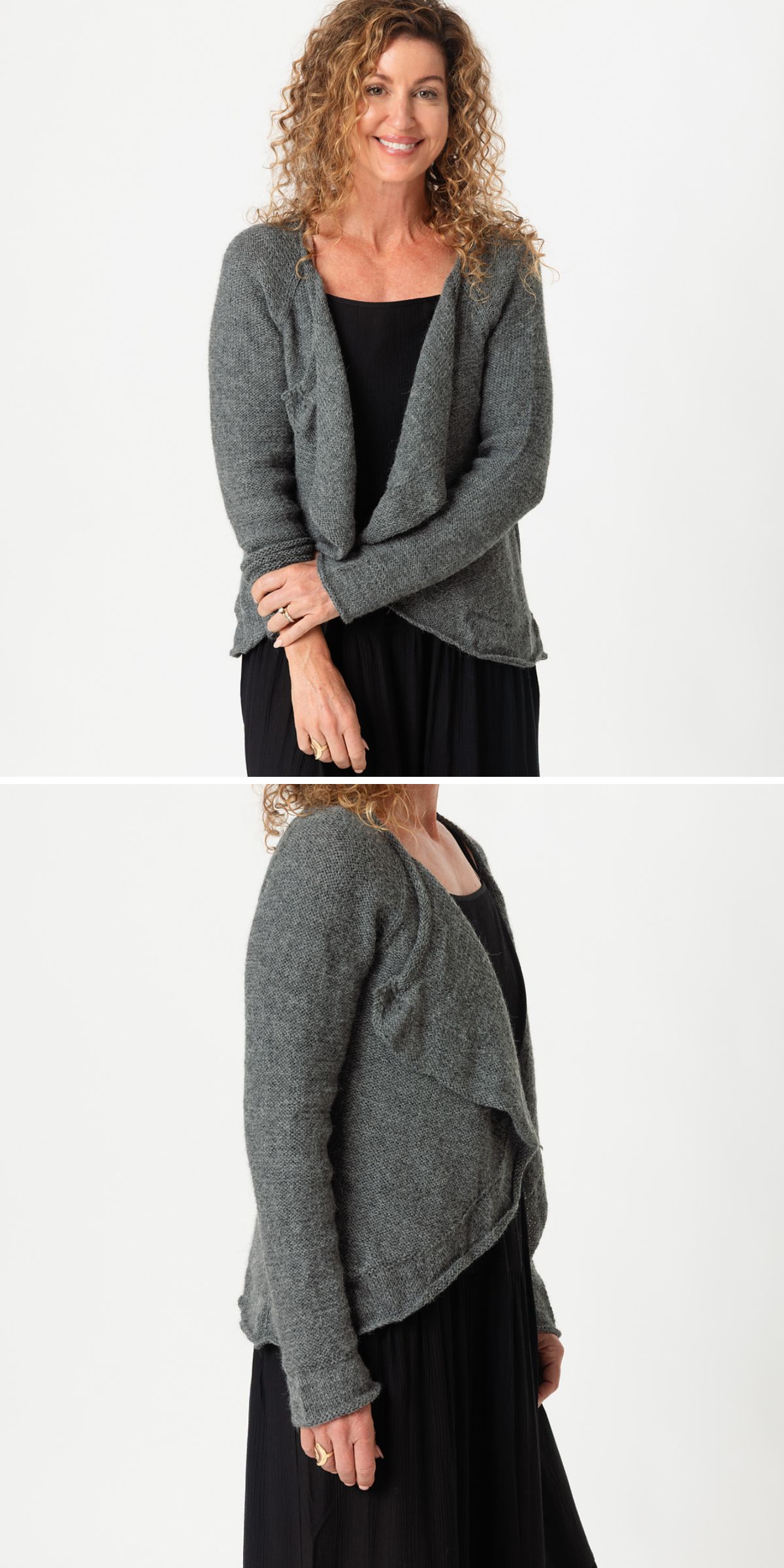 A woman with curly hair wears a gray open-front cardigan over a black dress, shown from front and angled side view, standing against a plain white background.