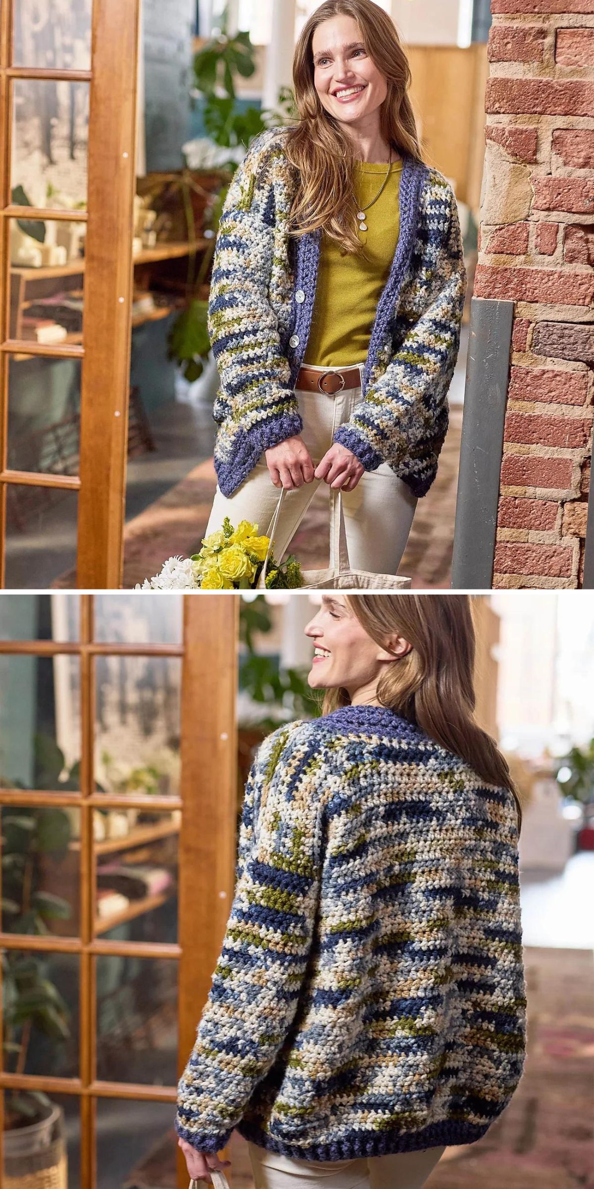 A woman stands indoors wearing a chunky crochet cardigan in multicolored yarn over a green top and light pants, shown from the front and back.