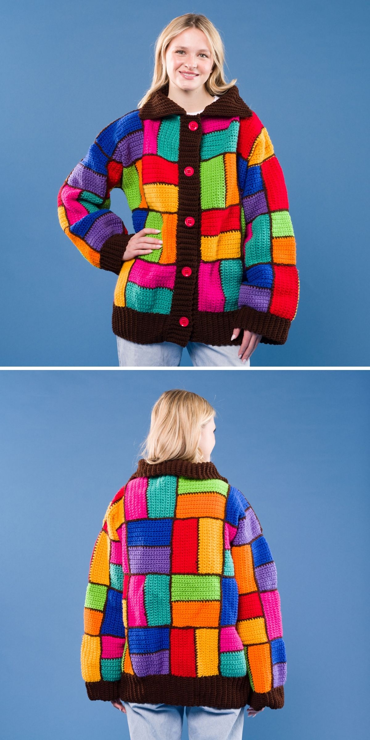 Person wearing a colorful patchwork knit sweater with red buttons, reminiscent of a handmade crochet cardigan, shown from the front and back, standing against a plain blue background.