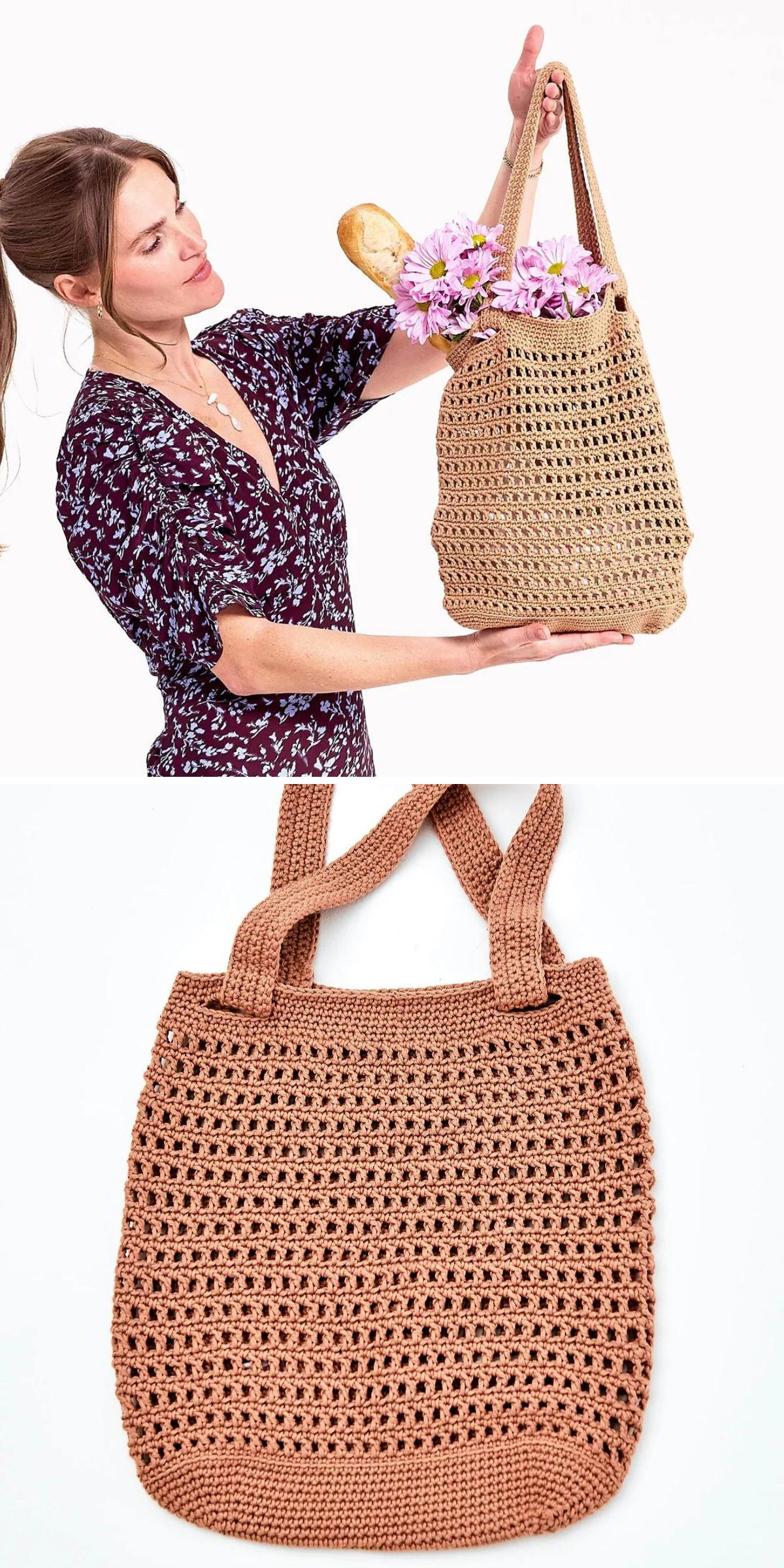 A woman holds a crocheted market bag filled with flowers and a baguette; below is a close-up of the empty bag on a white background.