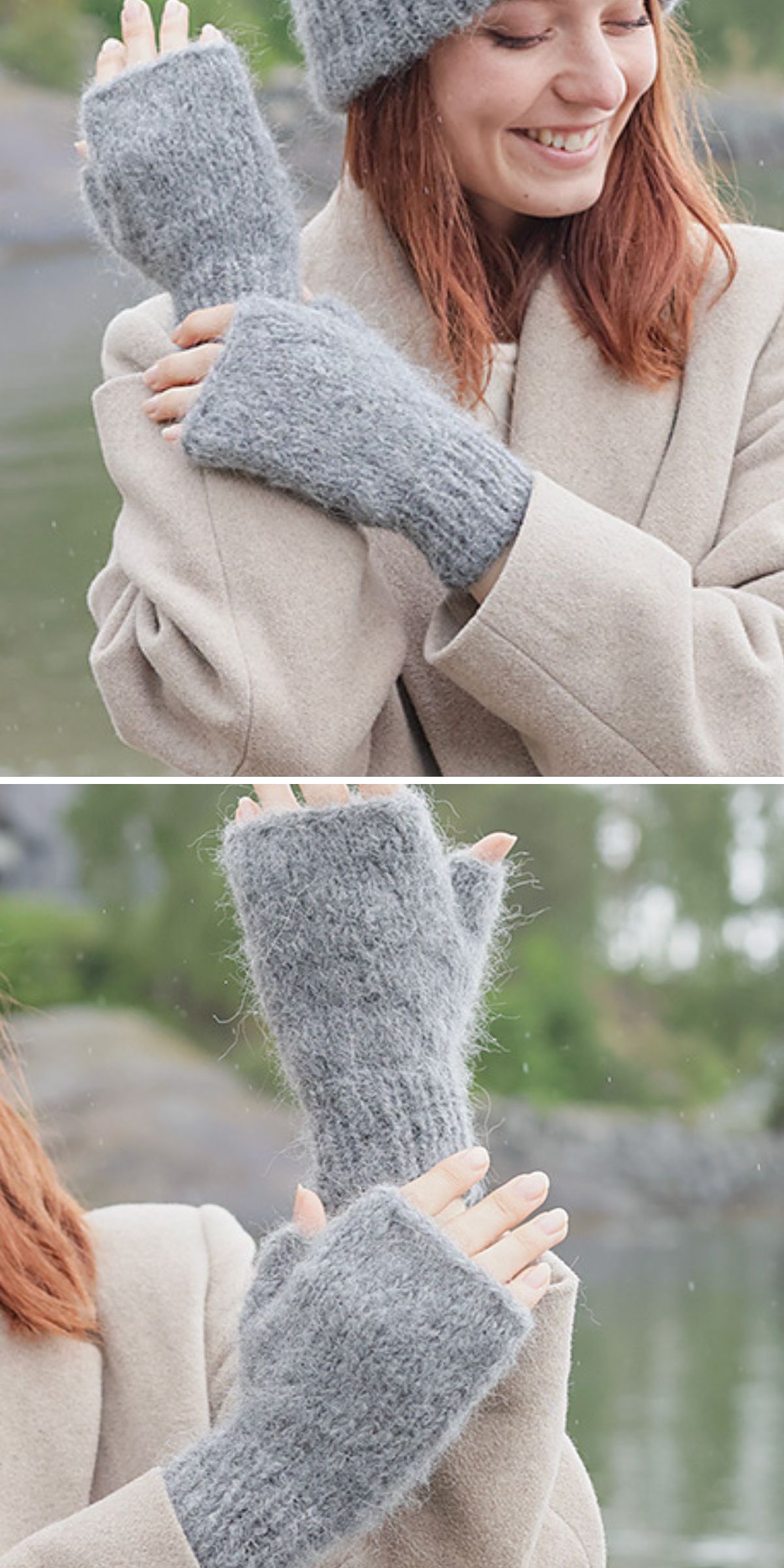 A person wearing a beige coat and cozy knit fingerless gloves poses outdoors by the water.
