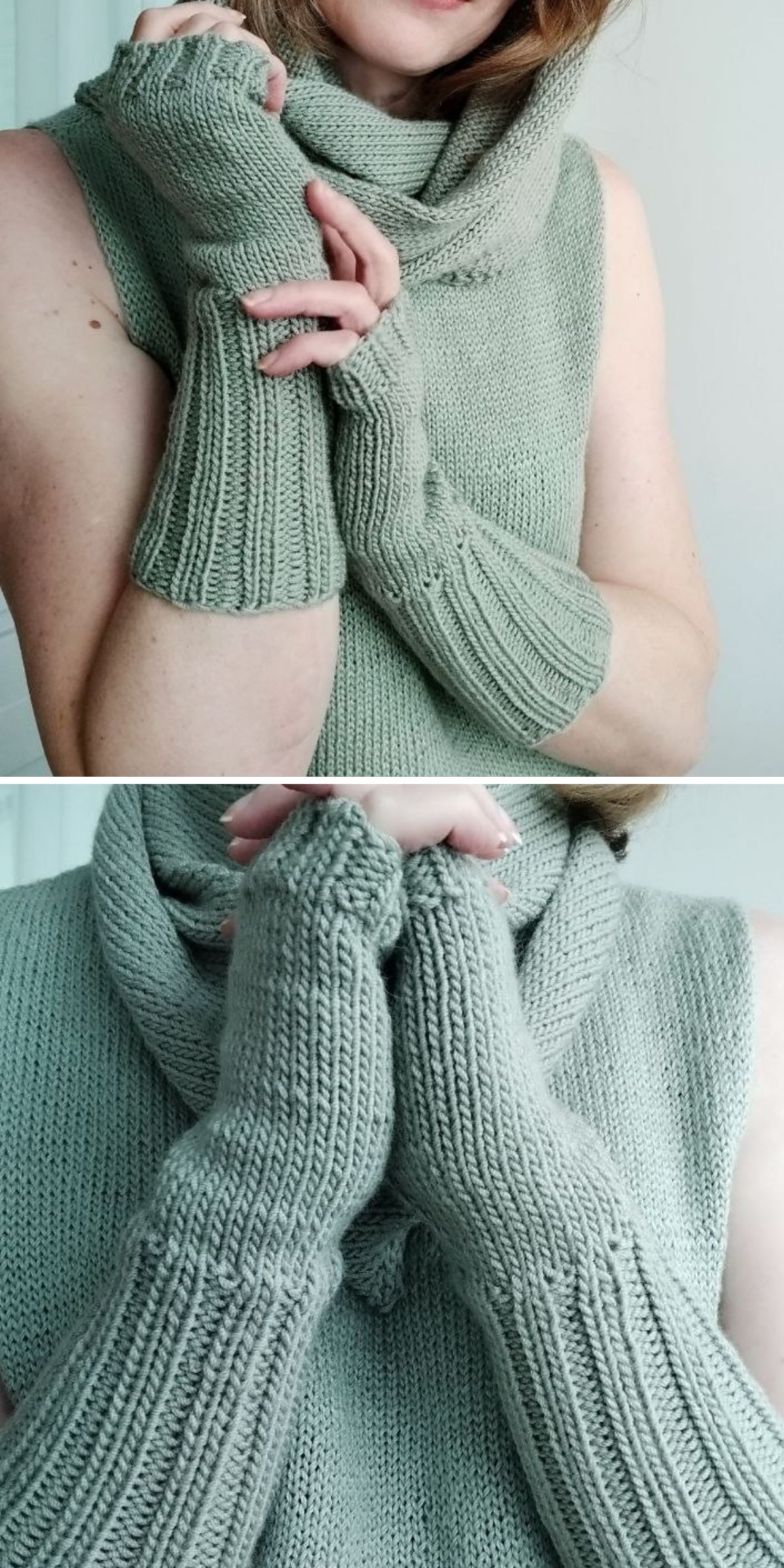 A person wearing a sleeveless knit top and matching light gray knit fingerless gloves is featured in two close-up images, highlighting the delicate texture of the knit fingerless gloves.