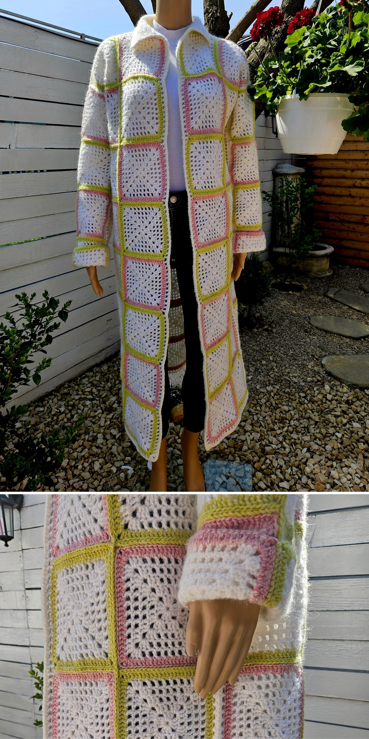 A mannequin displays a long crochet cardigan made of pastel-colored square patches, shown outdoors against a white fence with plants nearby. A close-up highlights the texture of the crochet work.