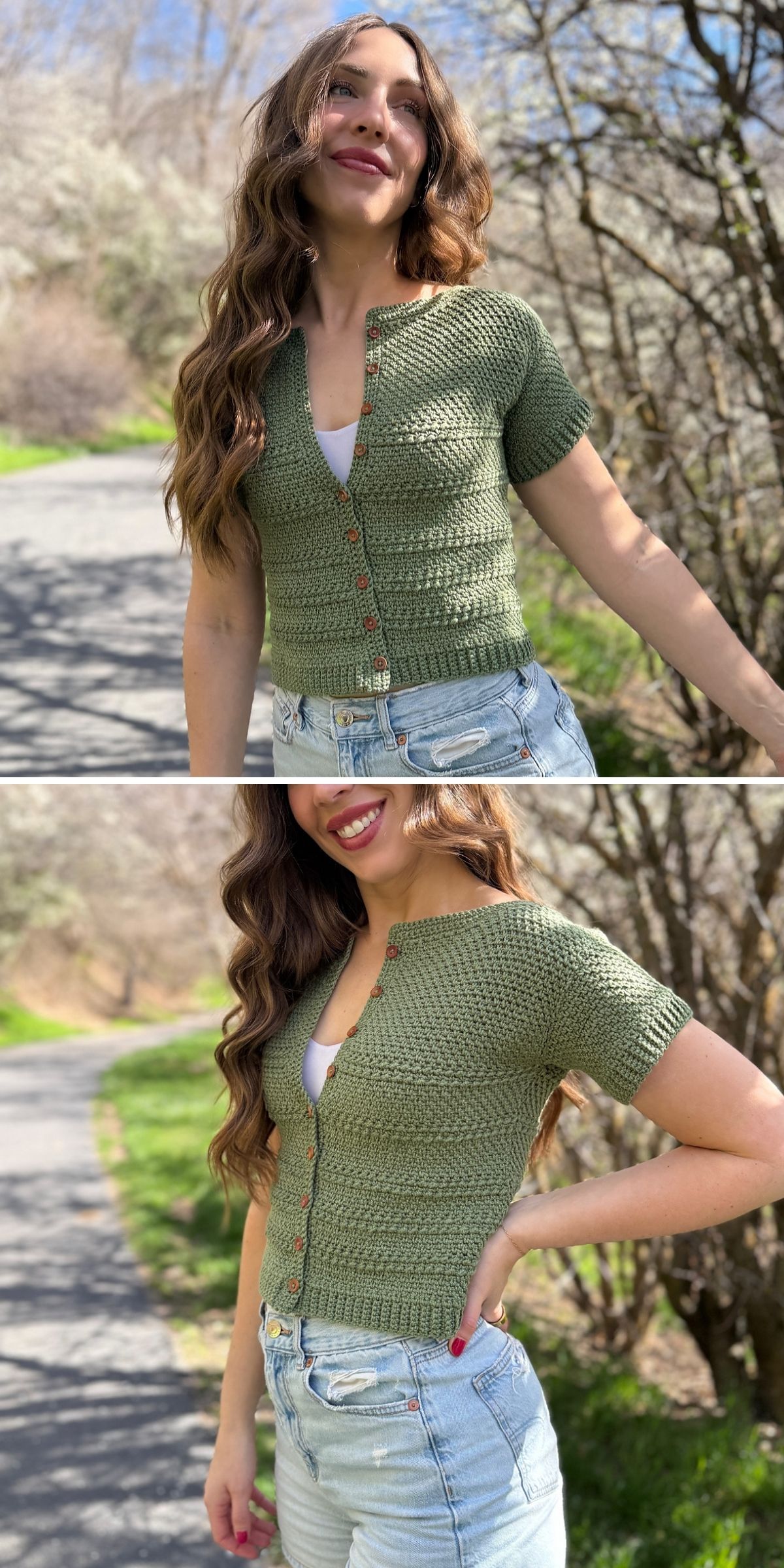 Woman outdoors wearing a short-sleeve green crochet button-up top, styled like a crochet cardigan, and light blue jeans, standing on a paved path with trees and grass in the background.