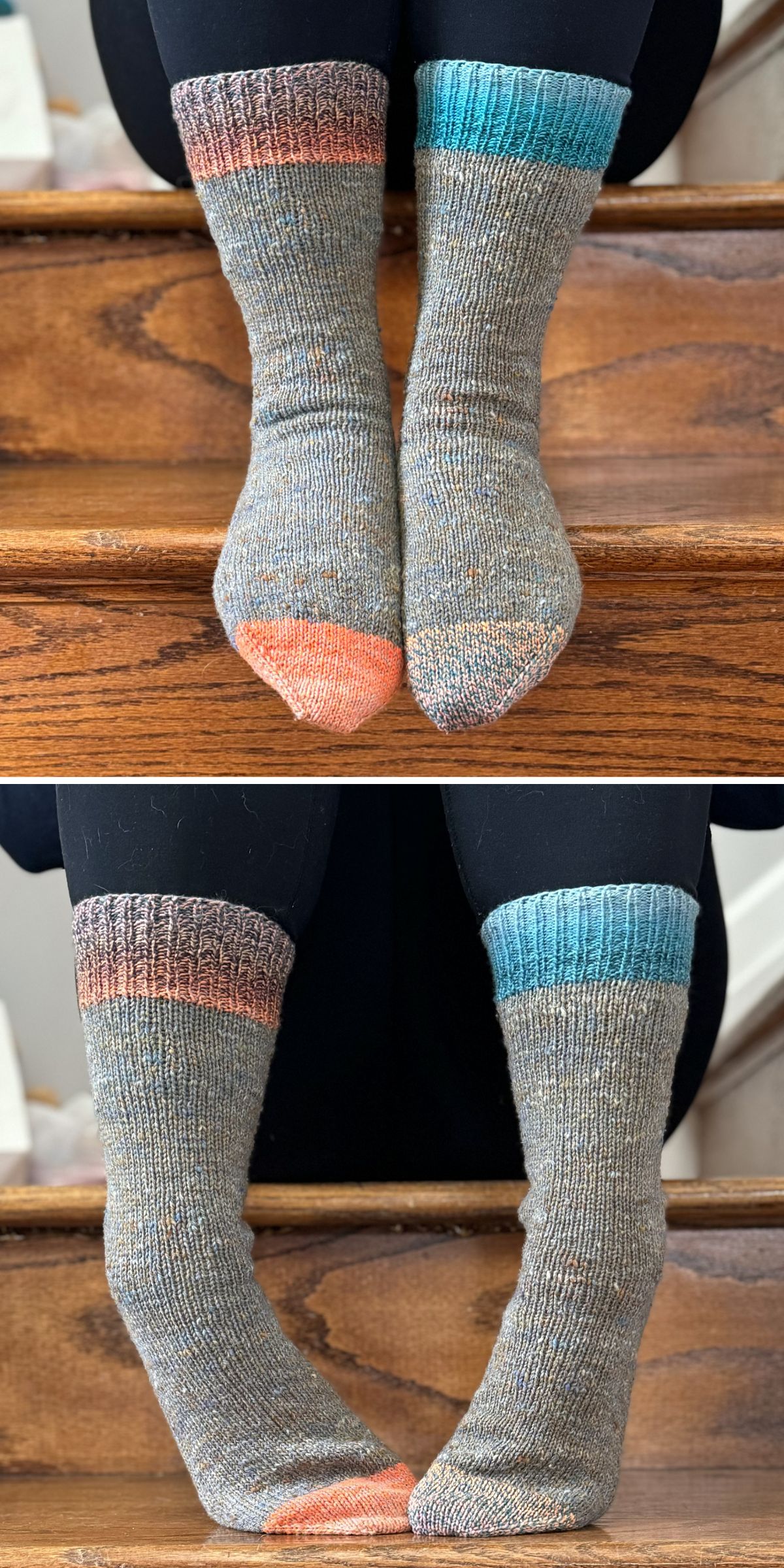 Two photos of feet wearing knit socks: gray with orange toes, one sock has a blue cuff, the other a brown cuff. The person is sitting on wooden stairs.