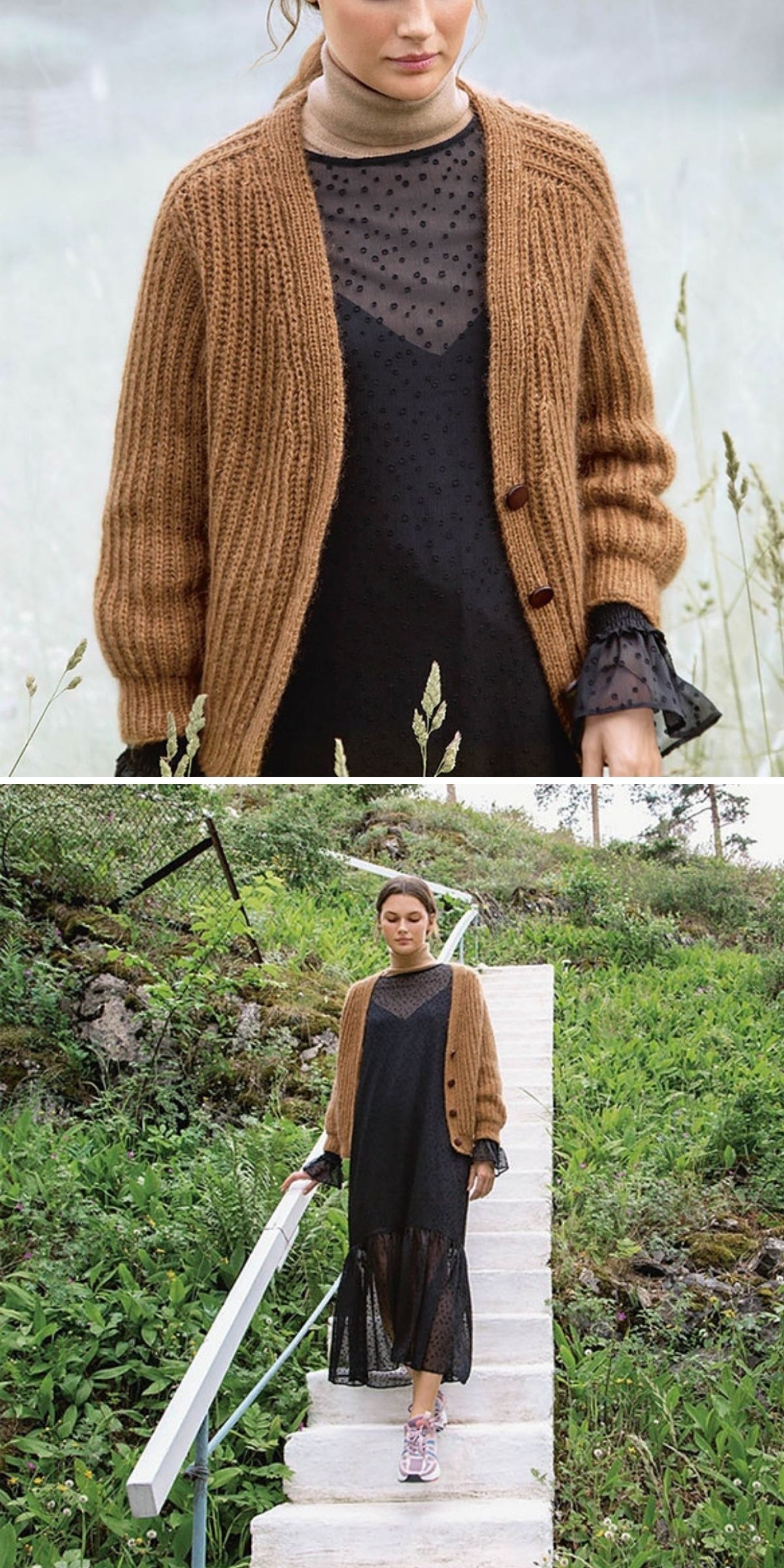 A person wears a knit cardigan in brown over a black sheer dress with a dotted pattern, walking down outdoor steps surrounded by greenery.
