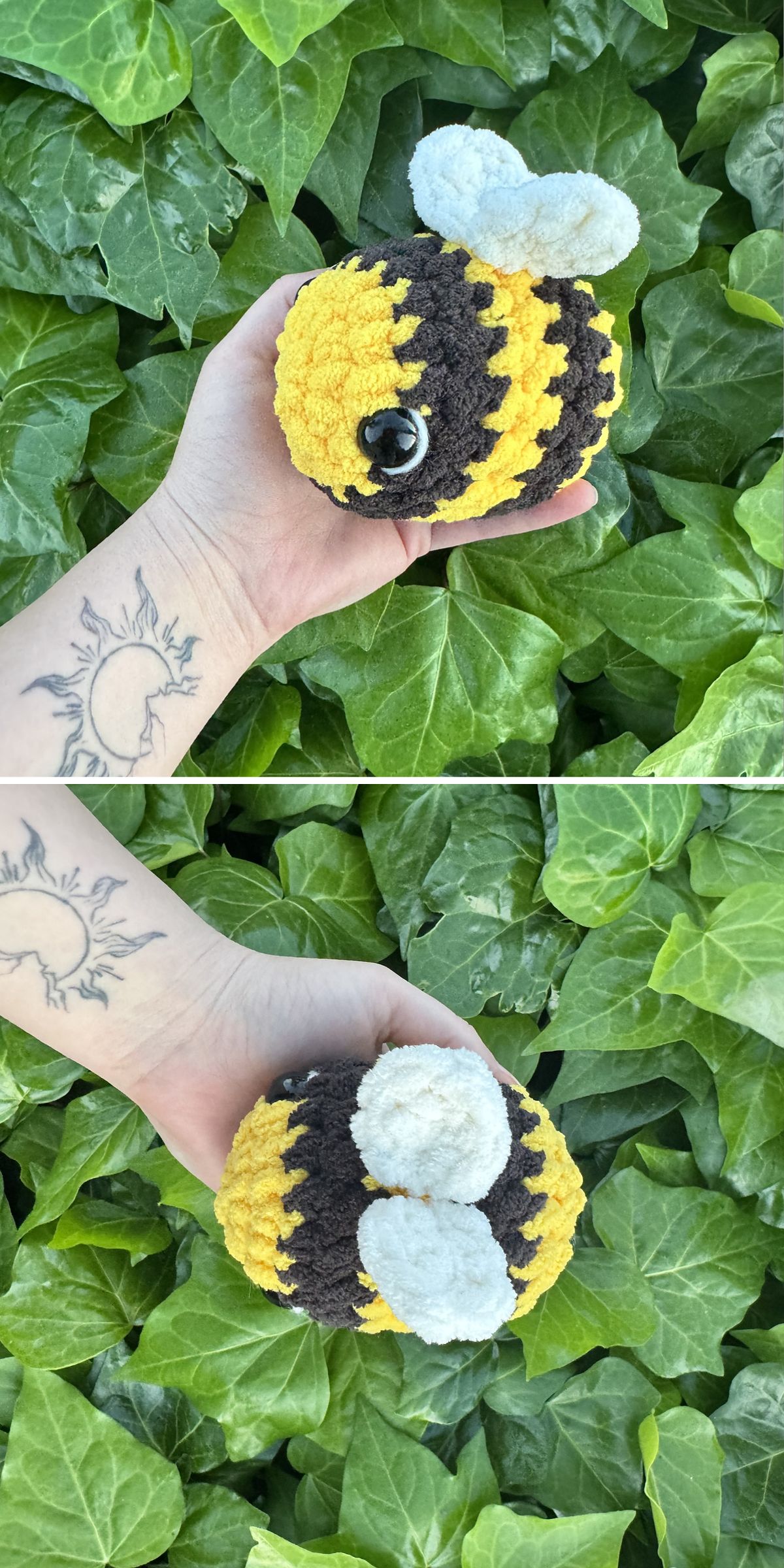 A hand holding a crocheted yellow and black bee plush with white wings, shown from two angles against green leafy background.