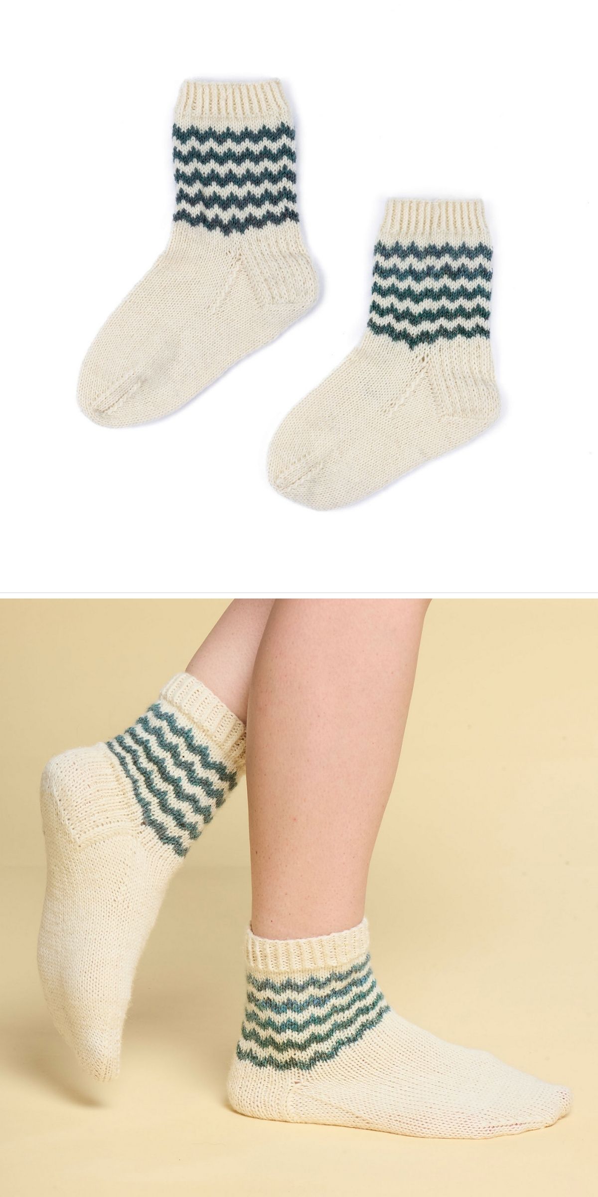 Two cream-colored knit socks with a green zigzag pattern near the cuff, shown both laid flat and worn on feet against a light background, showcase a stylish sock knitting pattern perfect for any season.