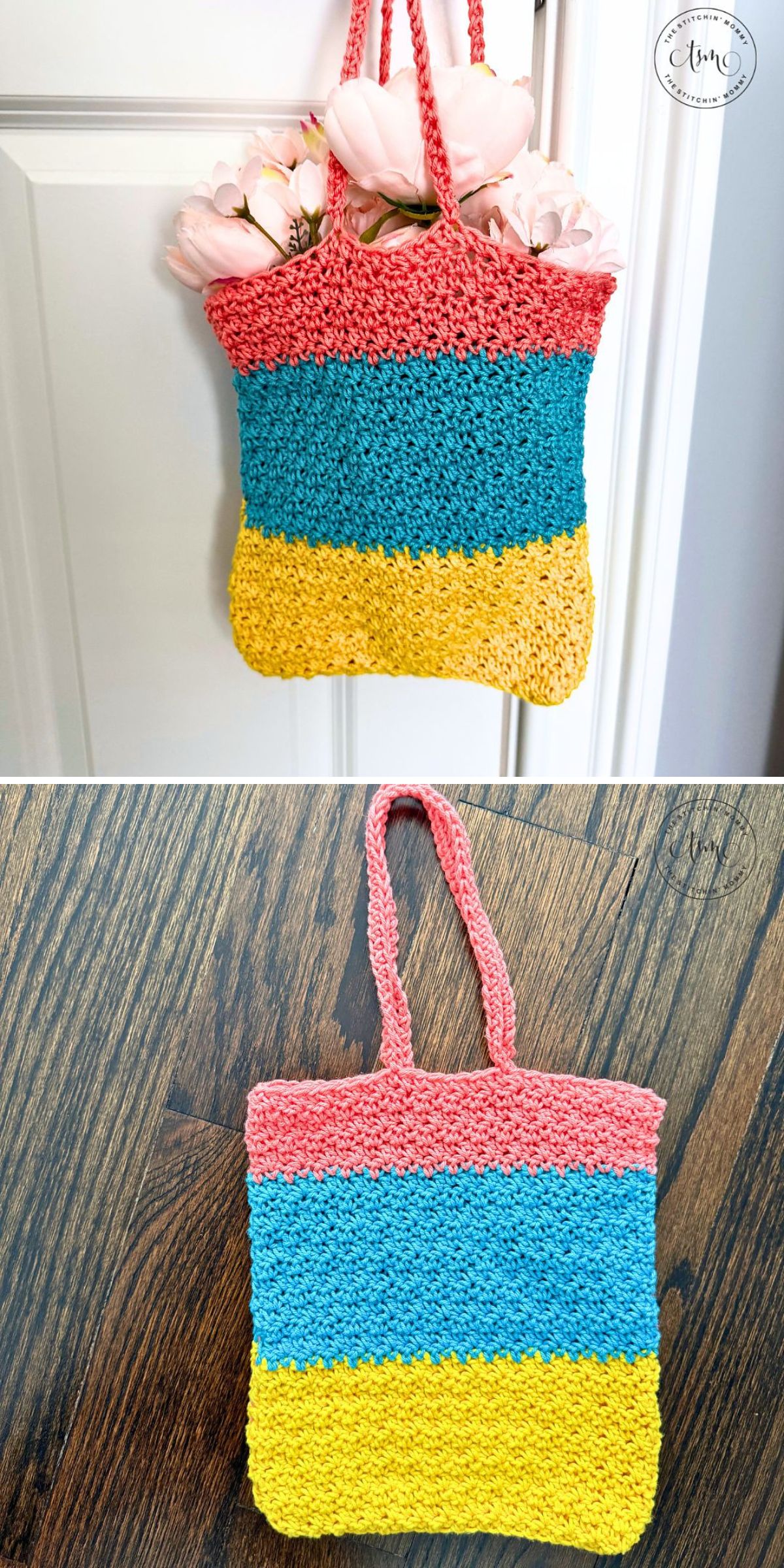 A crochet grocery bag with pink handles, featuring horizontal pink, blue, and yellow stripes. The top image shows flowers inside the bag; the bottom image shows the empty bag on a wood floor.