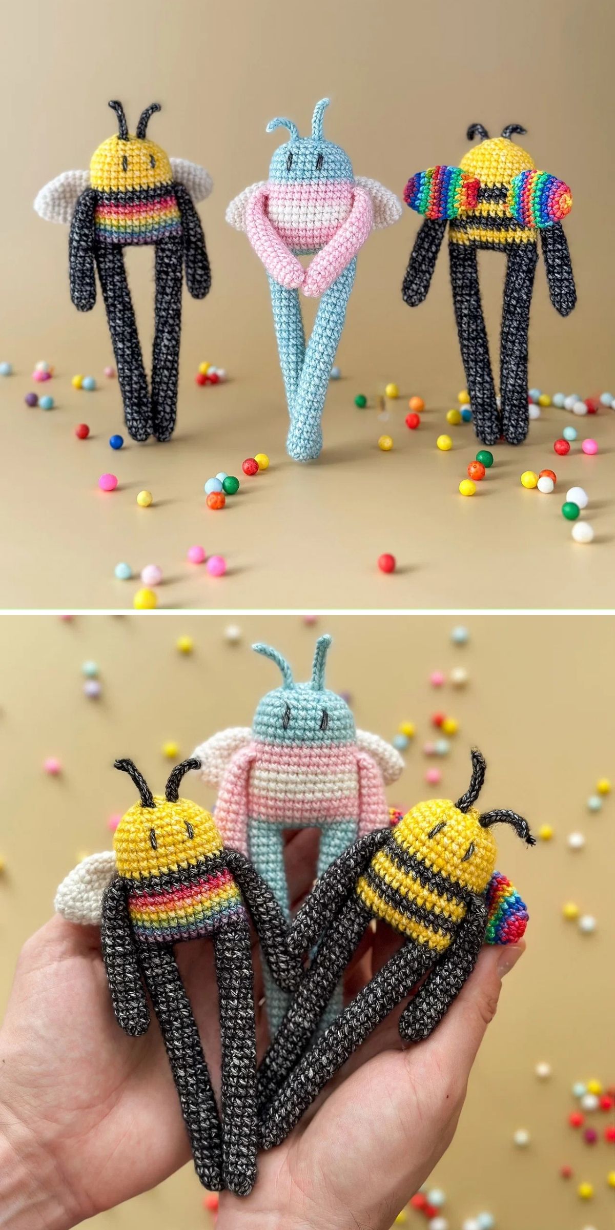 Three crochet bee dolls with long legs in various colors are shown among scattered colorful beads, both standing and being held in hand.