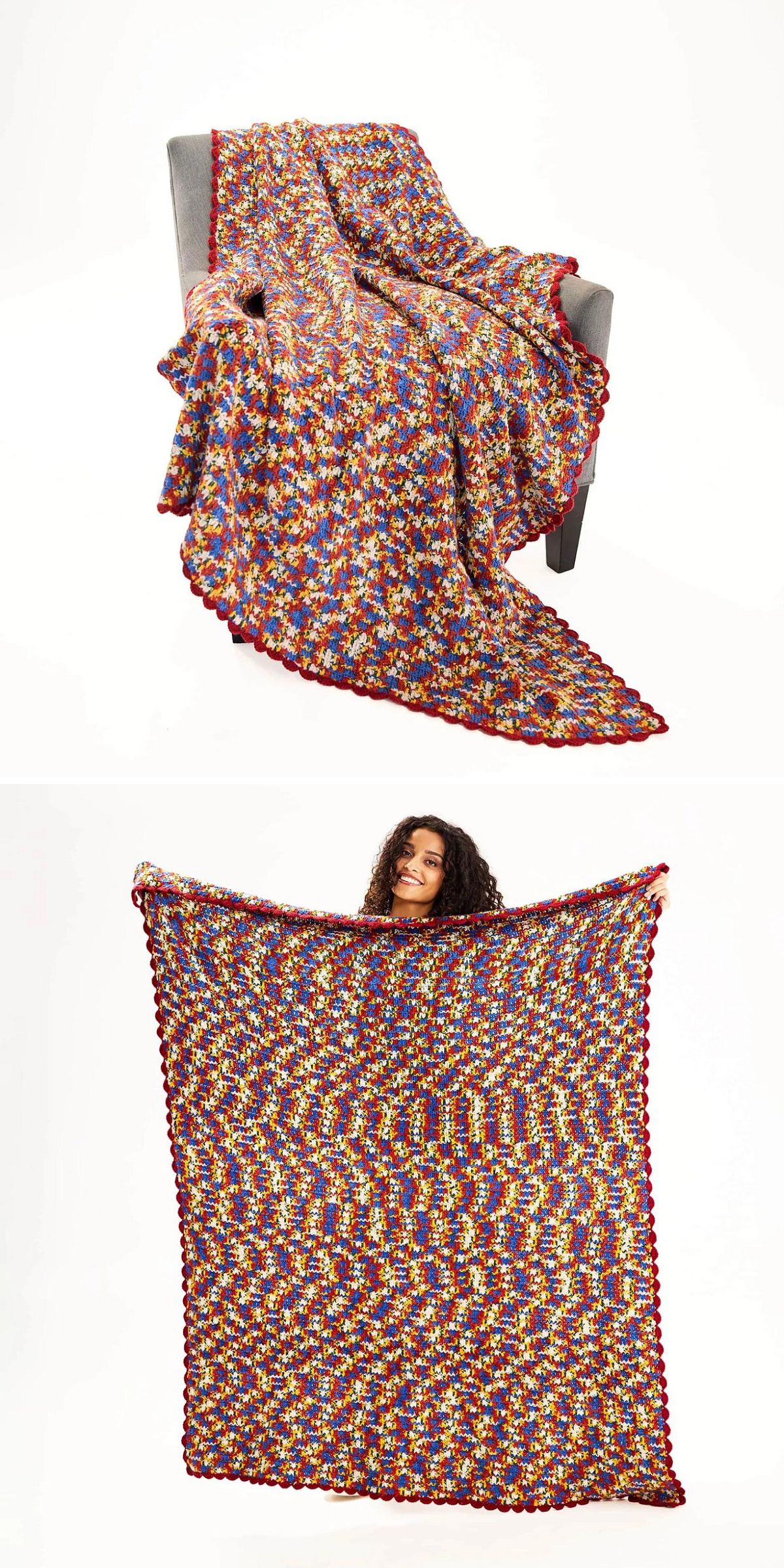 A person displays a large, multicolored crocheted blanket with a red scalloped border, draped over a chair and held up for full view—showcasing one of the vibrant crochet throws perfect for adding color and warmth to any space.