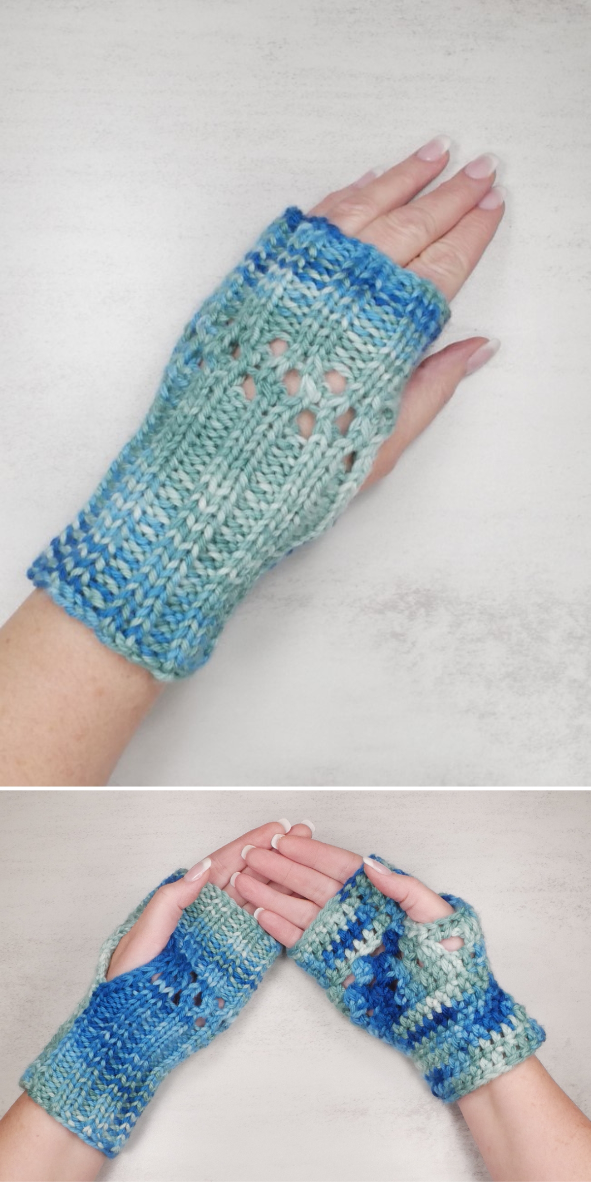 Two photos show a pair of blue and green crocheted knit fingerless gloves worn on adult hands, displayed on a light surface.