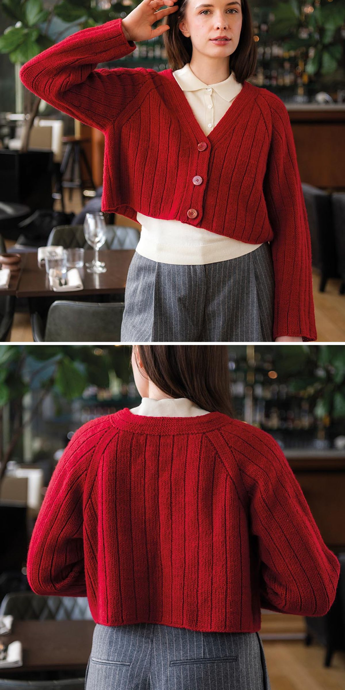 Woman wearing a red knit ribbed cardigan over a white top and gray pinstripe pants, shown from the front and back in a restaurant setting.