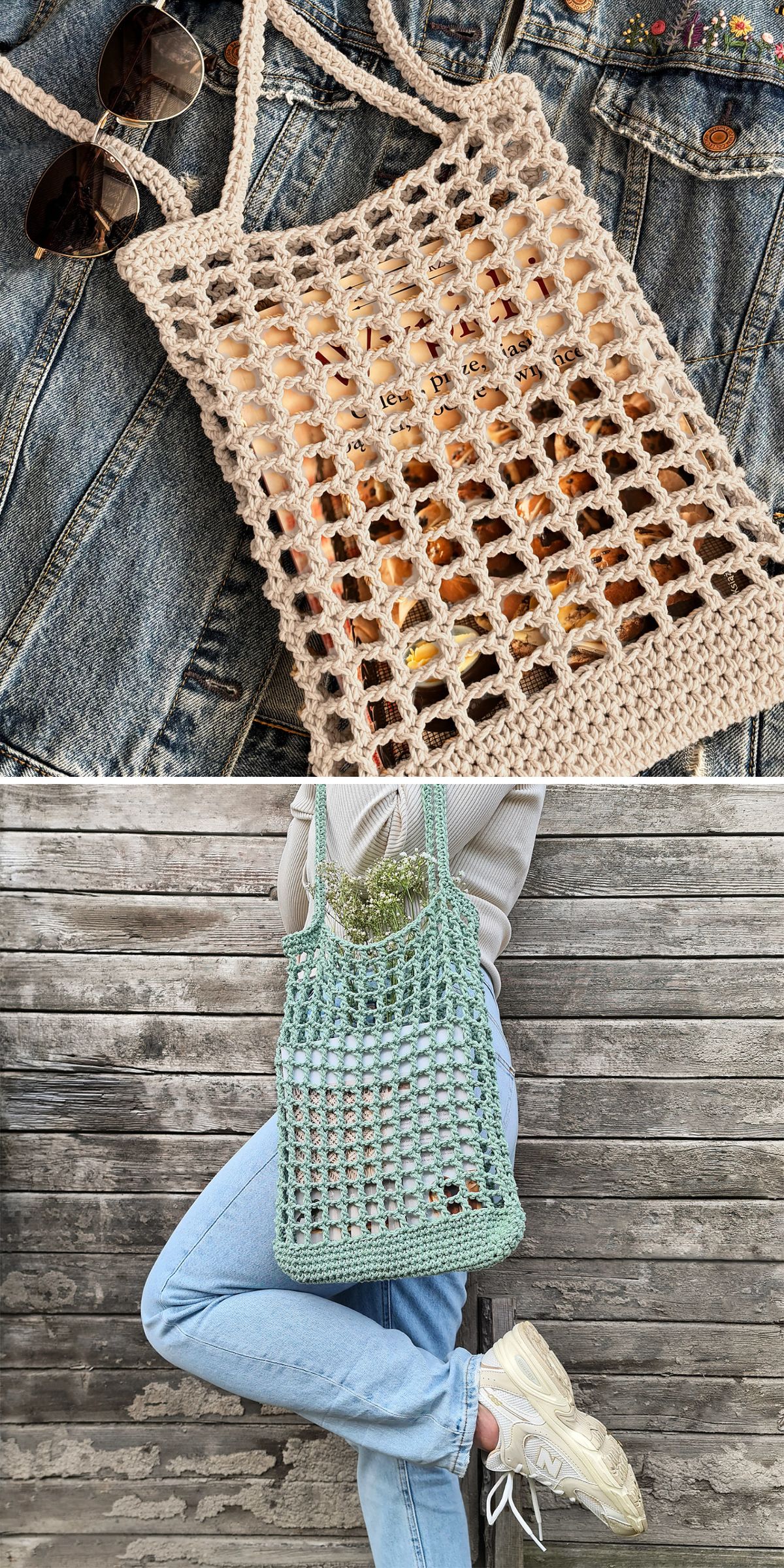 Two crochet mesh tote bags, one beige and one light green, are shown holding items; the first crochet grocery bag rests on a denim jacket, while the second is worn on the shoulder by a person in a casual outfit.