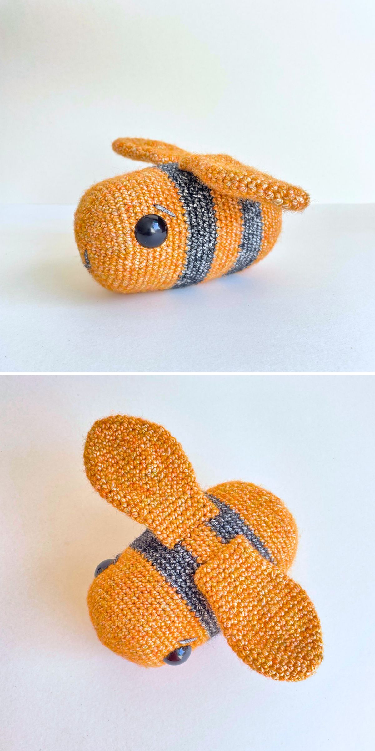 Two views of a crochet bee plush with orange and gray stripes, black eyes, and two wings, shown from the side and top against a plain background.