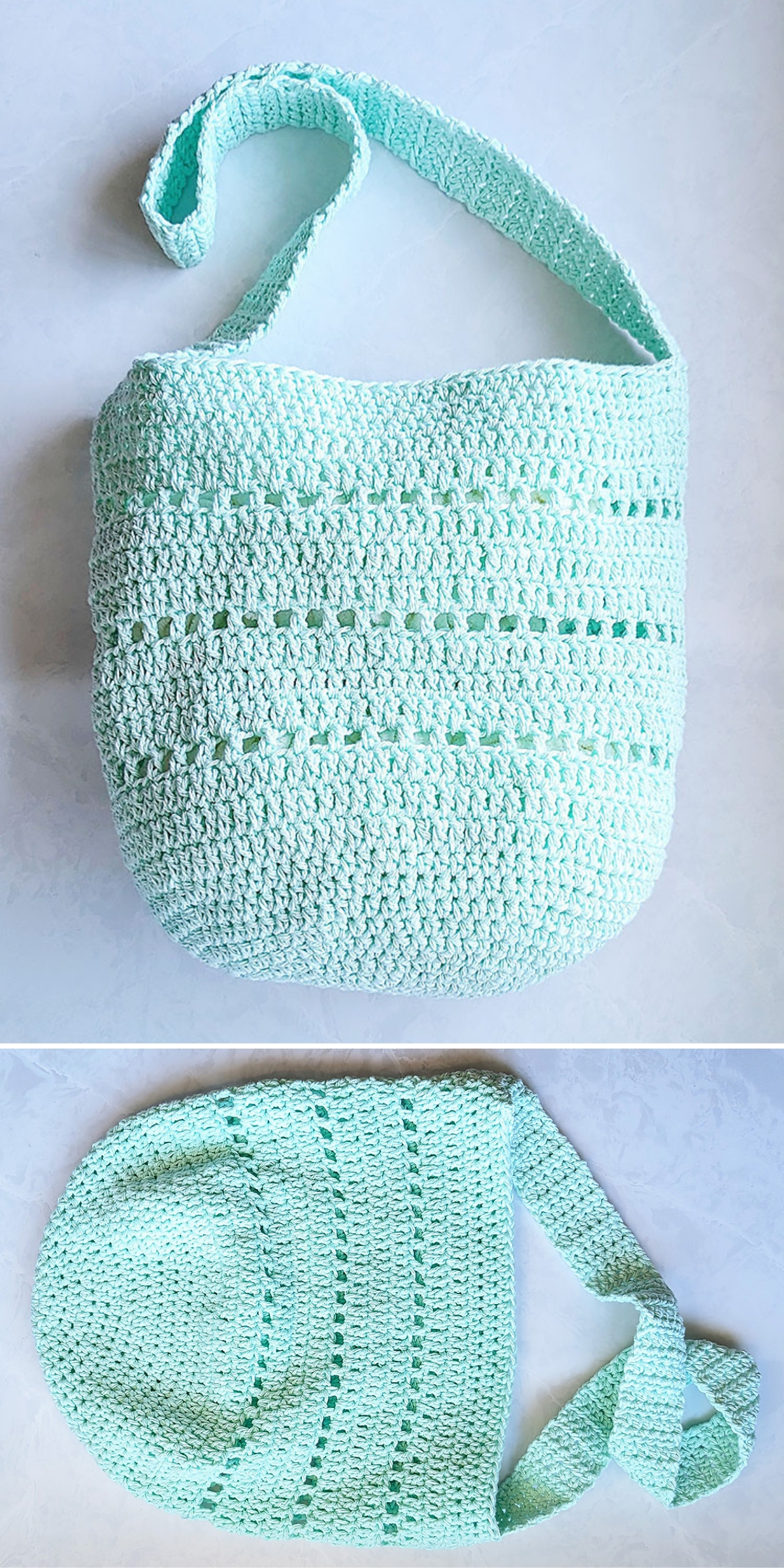Light blue crocheted shoulder bag, perfect as a crochet grocery bag, shown from two angles: one upright with the handle visible, the other lying flat to display the pattern and strap.