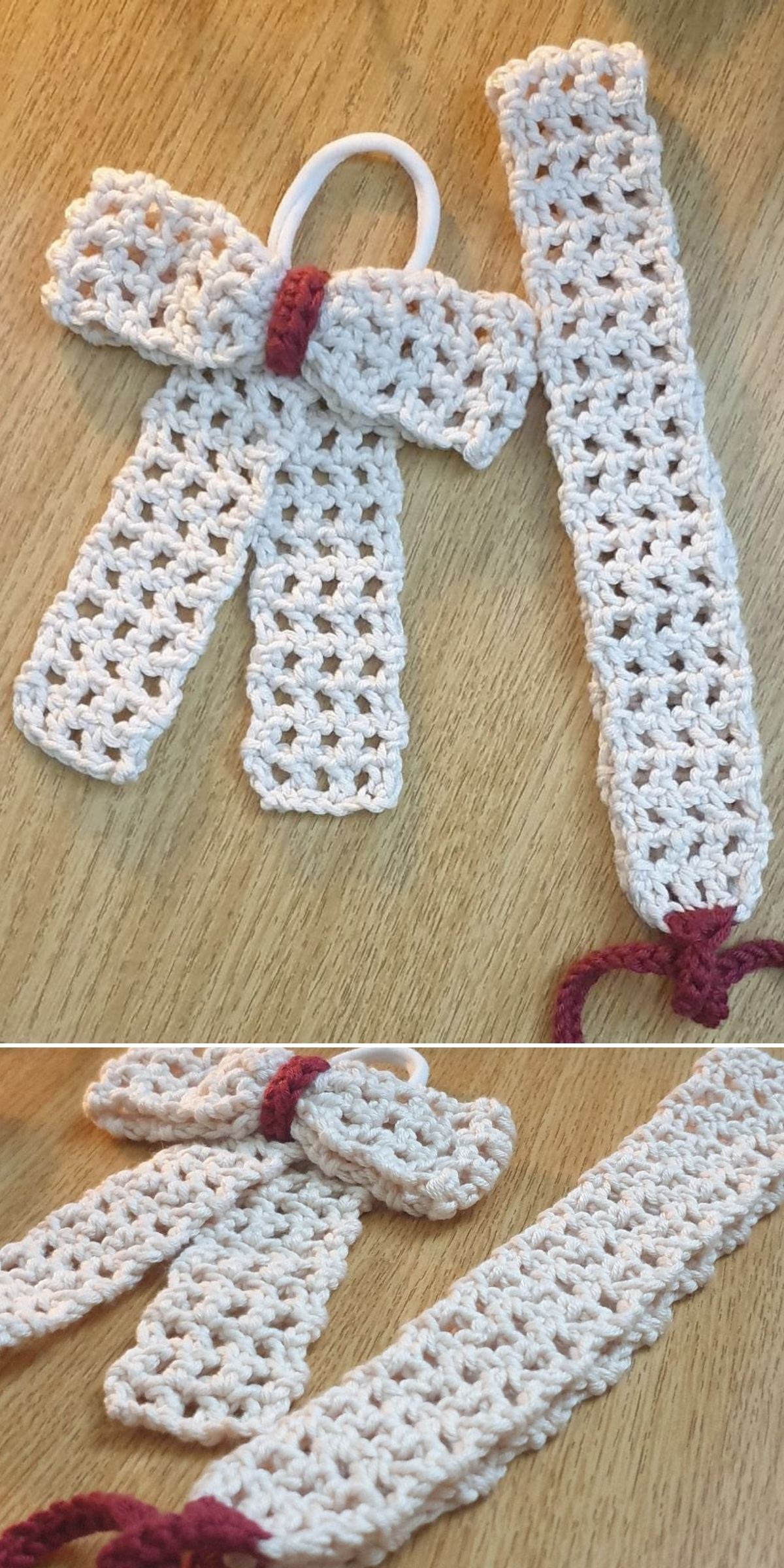 Two crocheted items on a wooden surface: a crochet bow-shaped decoration with a loop and a rectangular bookmark, both made with cream yarn and accents of maroon.