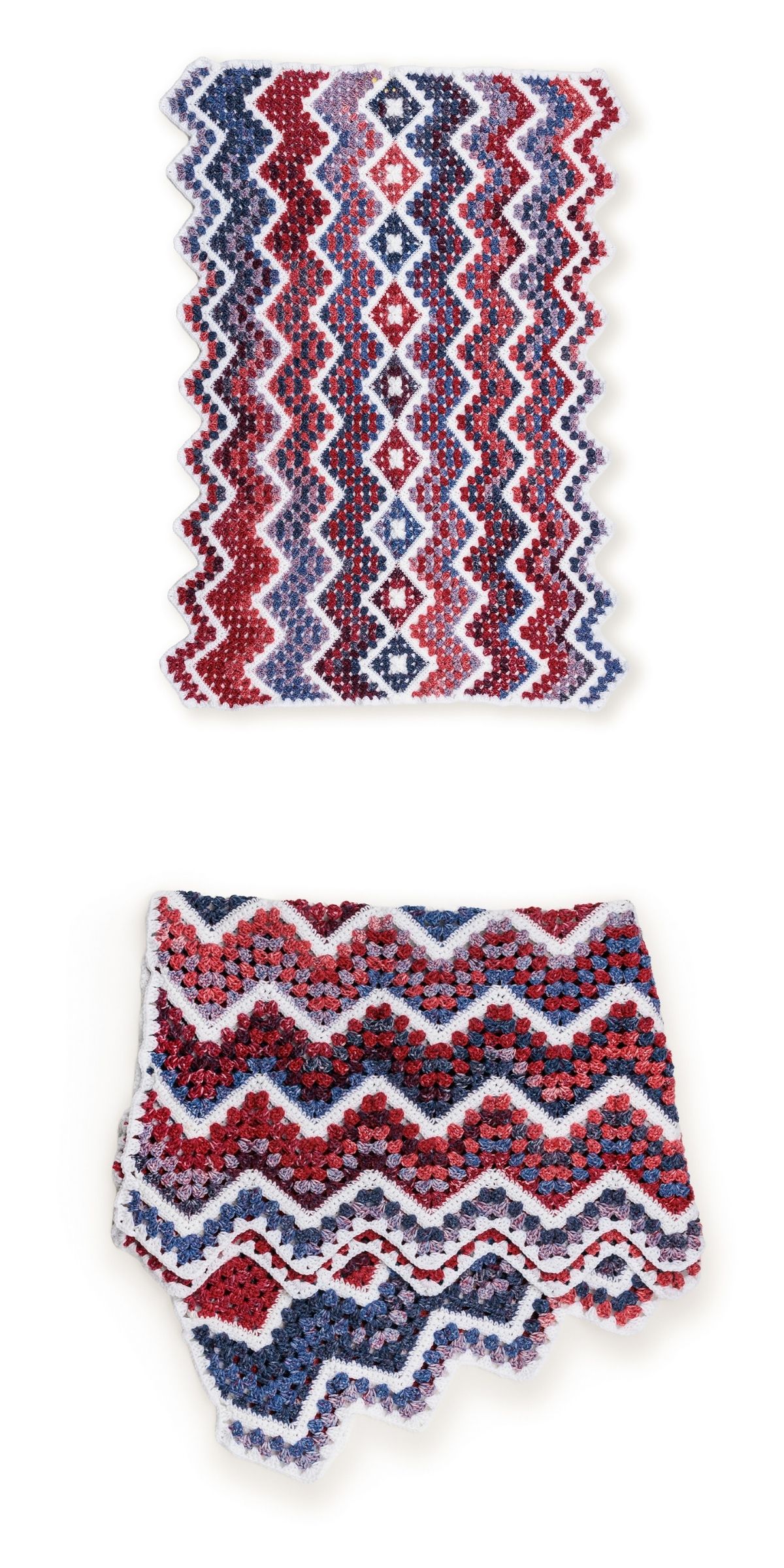 Two crochet throws with chevron zigzag patterns in red, white, and blue yarn—one folded neatly and the other partially folded—are displayed on a white background.