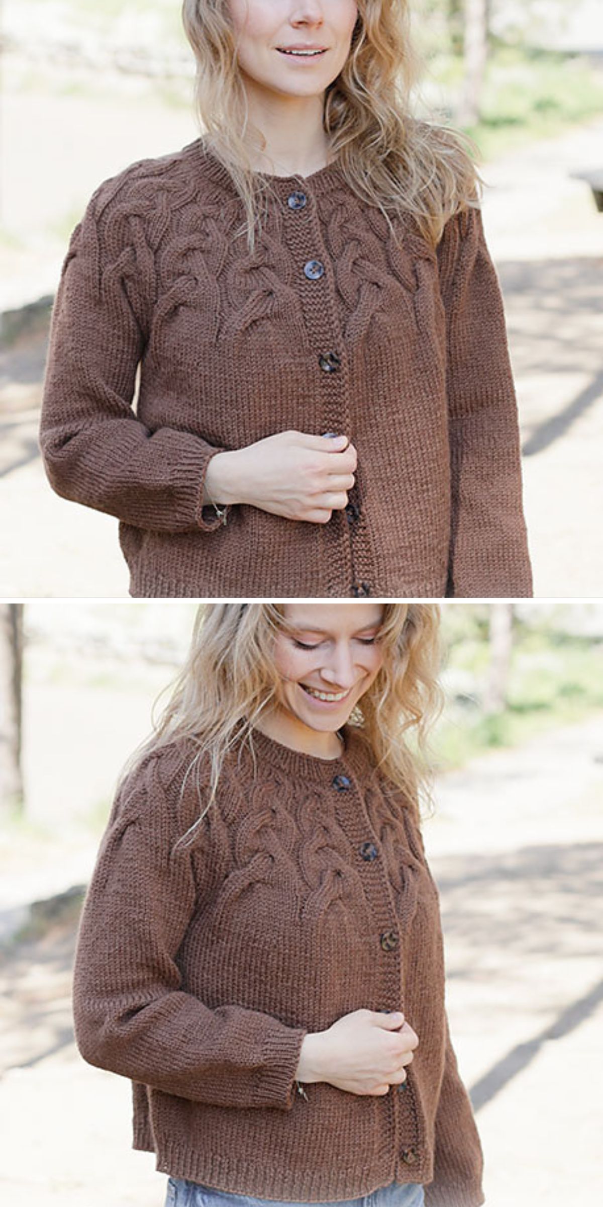 A person wearing a cozy knit cardigan in brown, featuring a leaf pattern on the yoke, is shown from the front in two different poses outdoors.