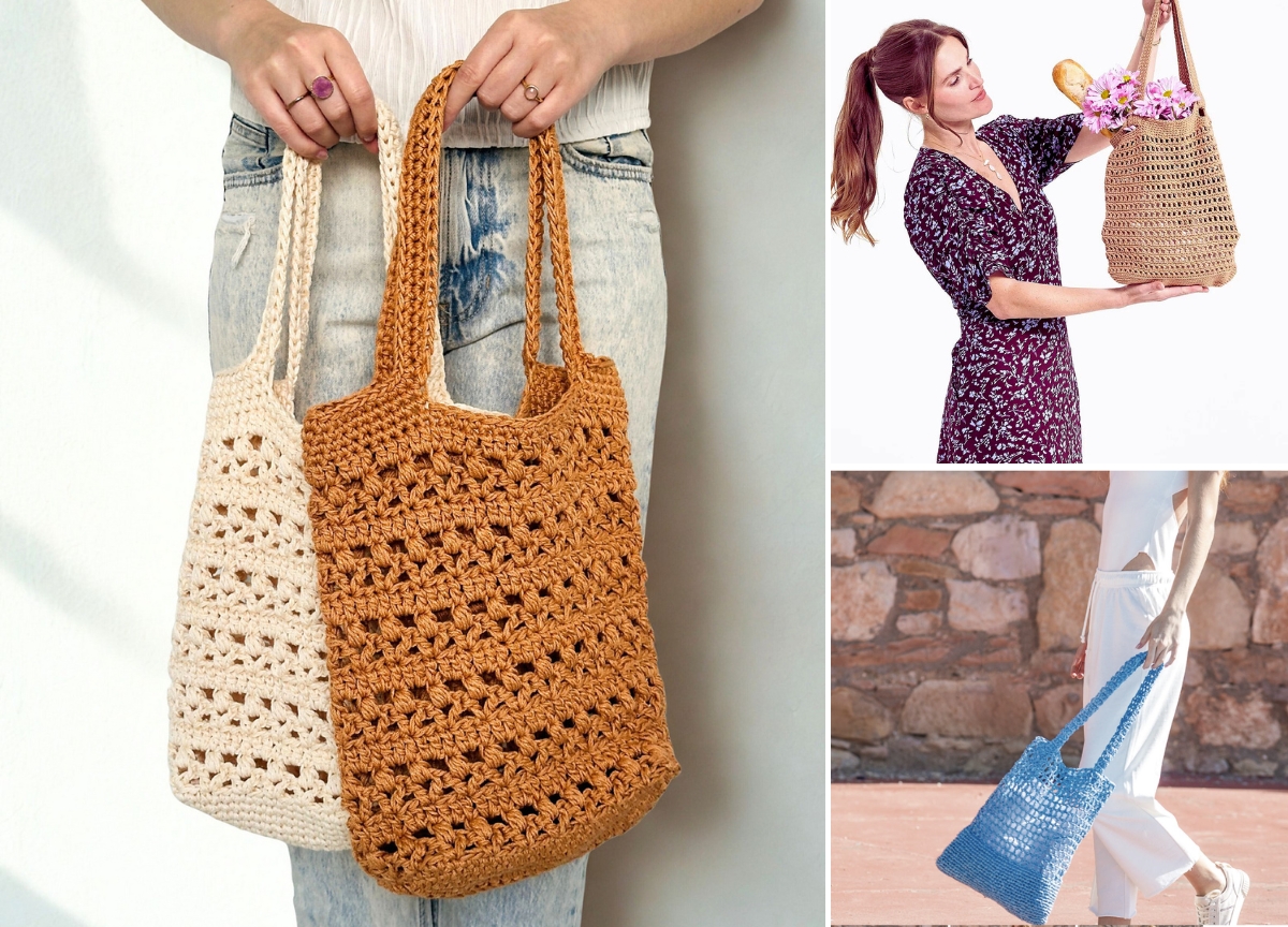 Three photos of people holding or carrying crocheted market and grocery bags in beige, brown, and blue, shown against simple backgrounds and styled with casual outfits.