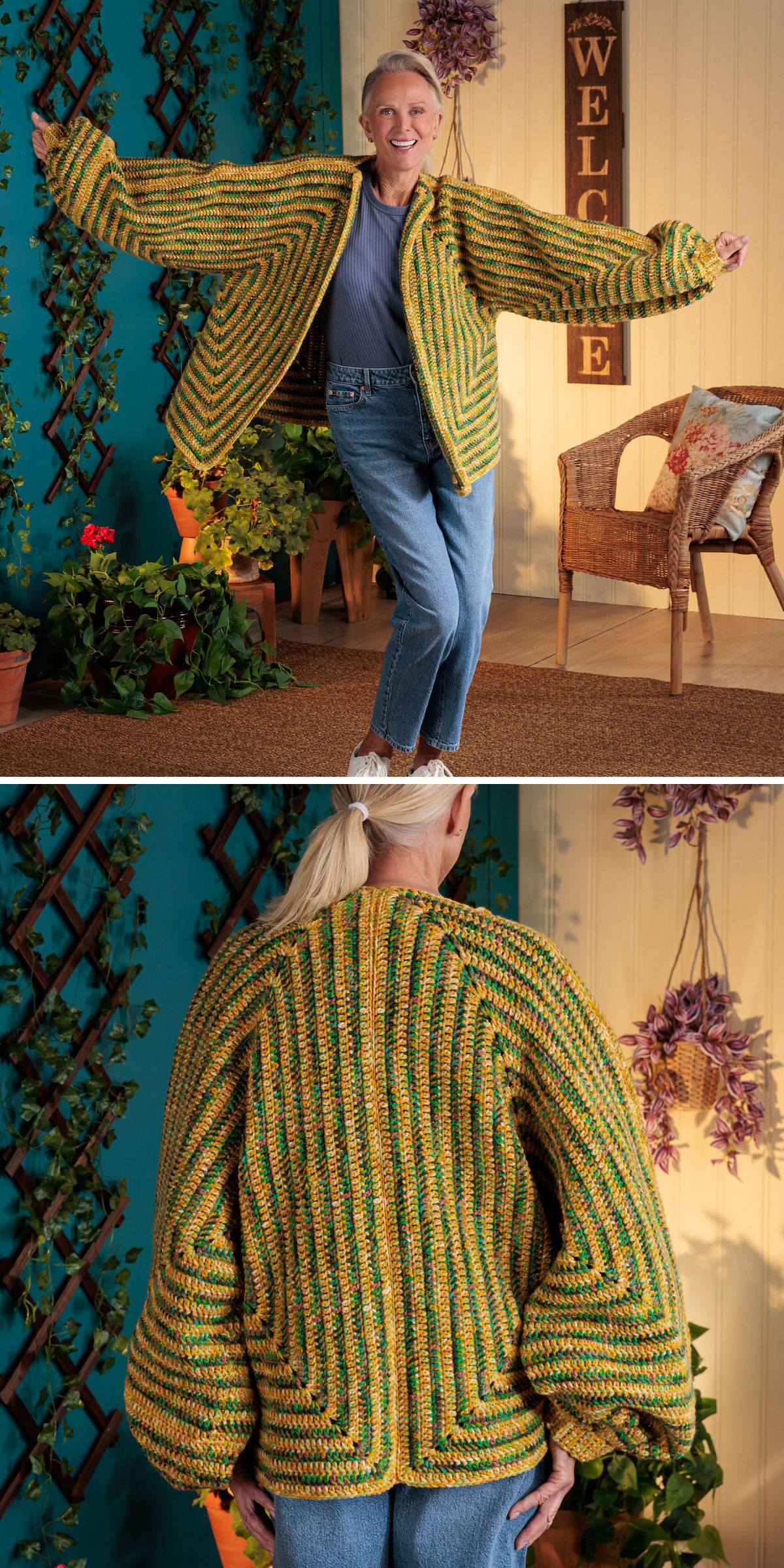 A person models a loose, multicolored handmade hexagon cardigan with wide sleeves, shown from the front and back in a plant-filled indoor setting.