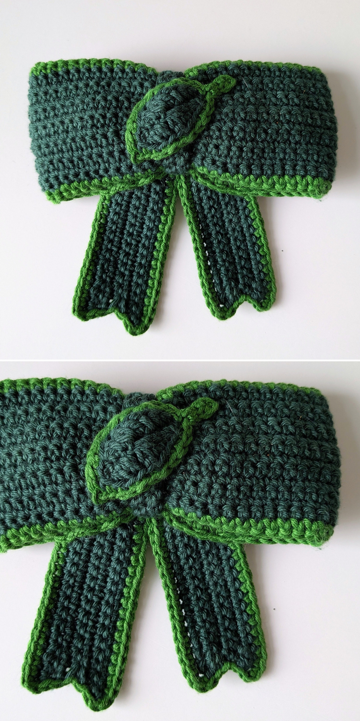 Two images show a handcrafted crochet bow in dark green with light green edges, featuring a central knot and two hanging ribbon-like tails, displayed on a white surface.