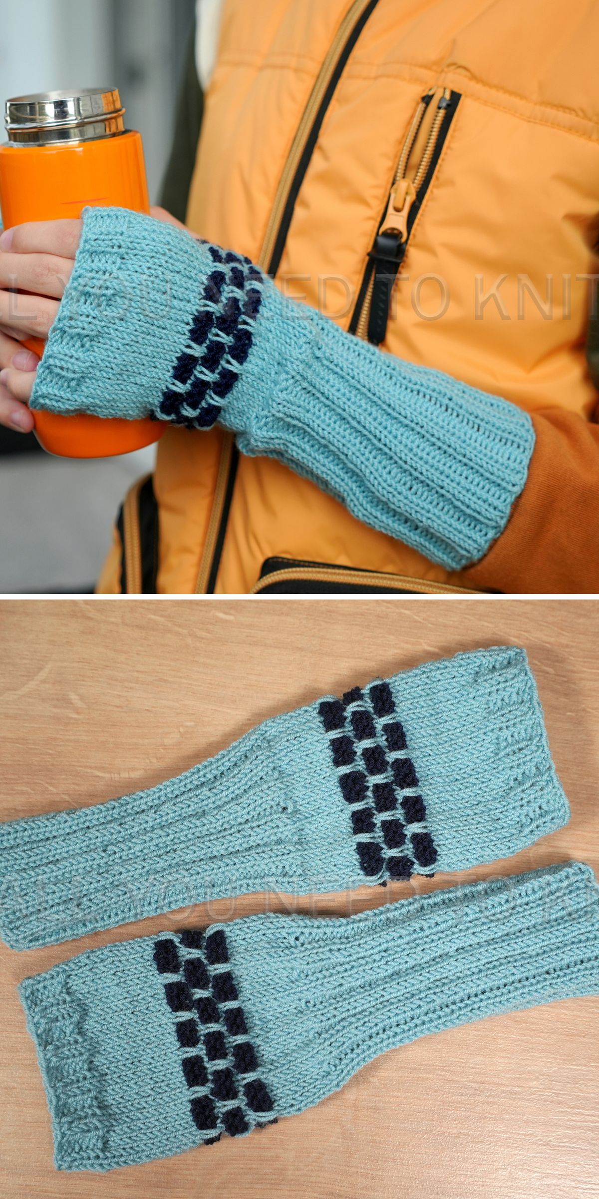 Two light blue knit fingerless gloves with black block patterns, shown worn and laid flat on a surface.