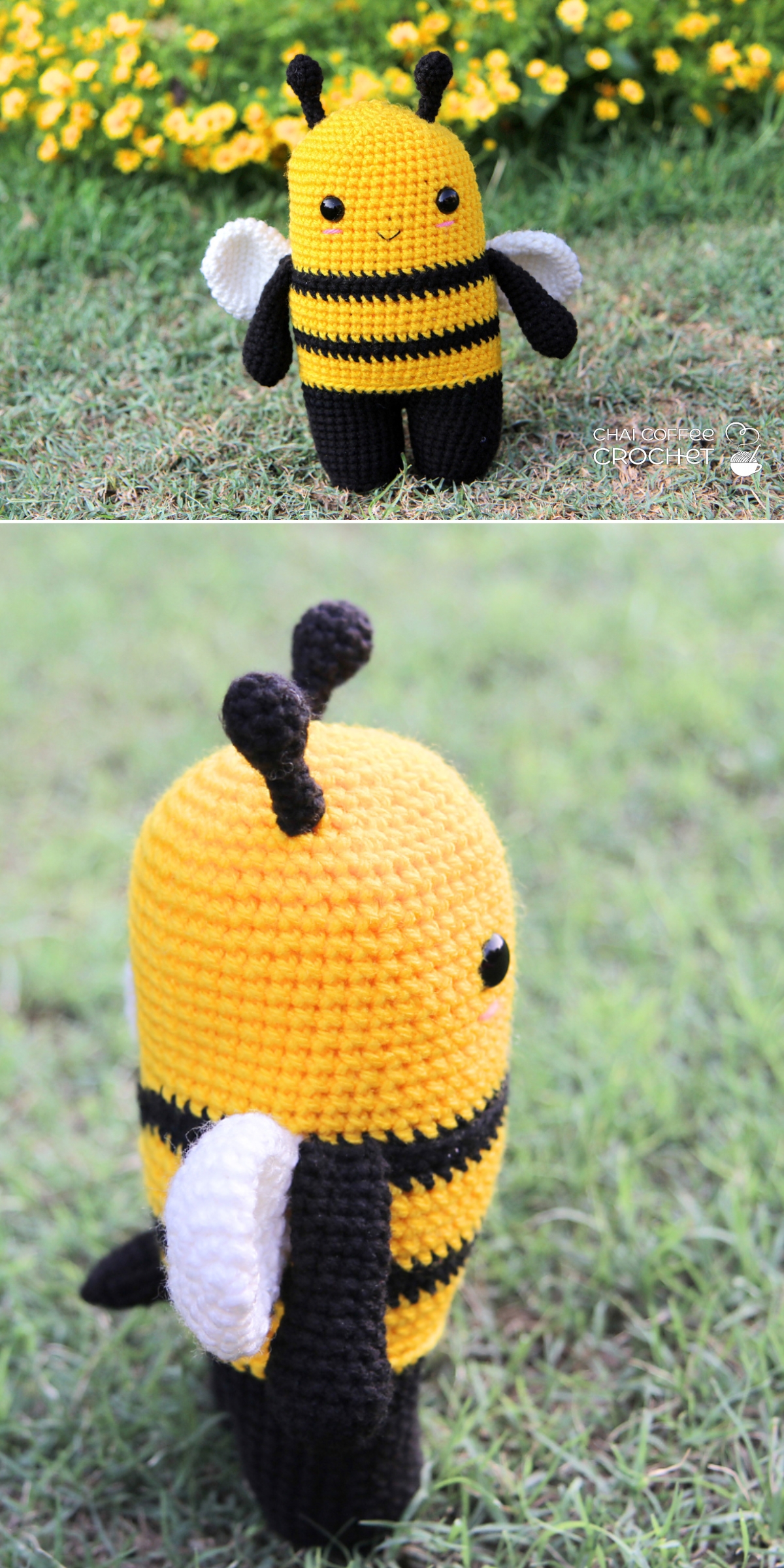Crochet bee plush featuring black stripes, white wings, and antennae, standing on grass with yellow flowers in the background.