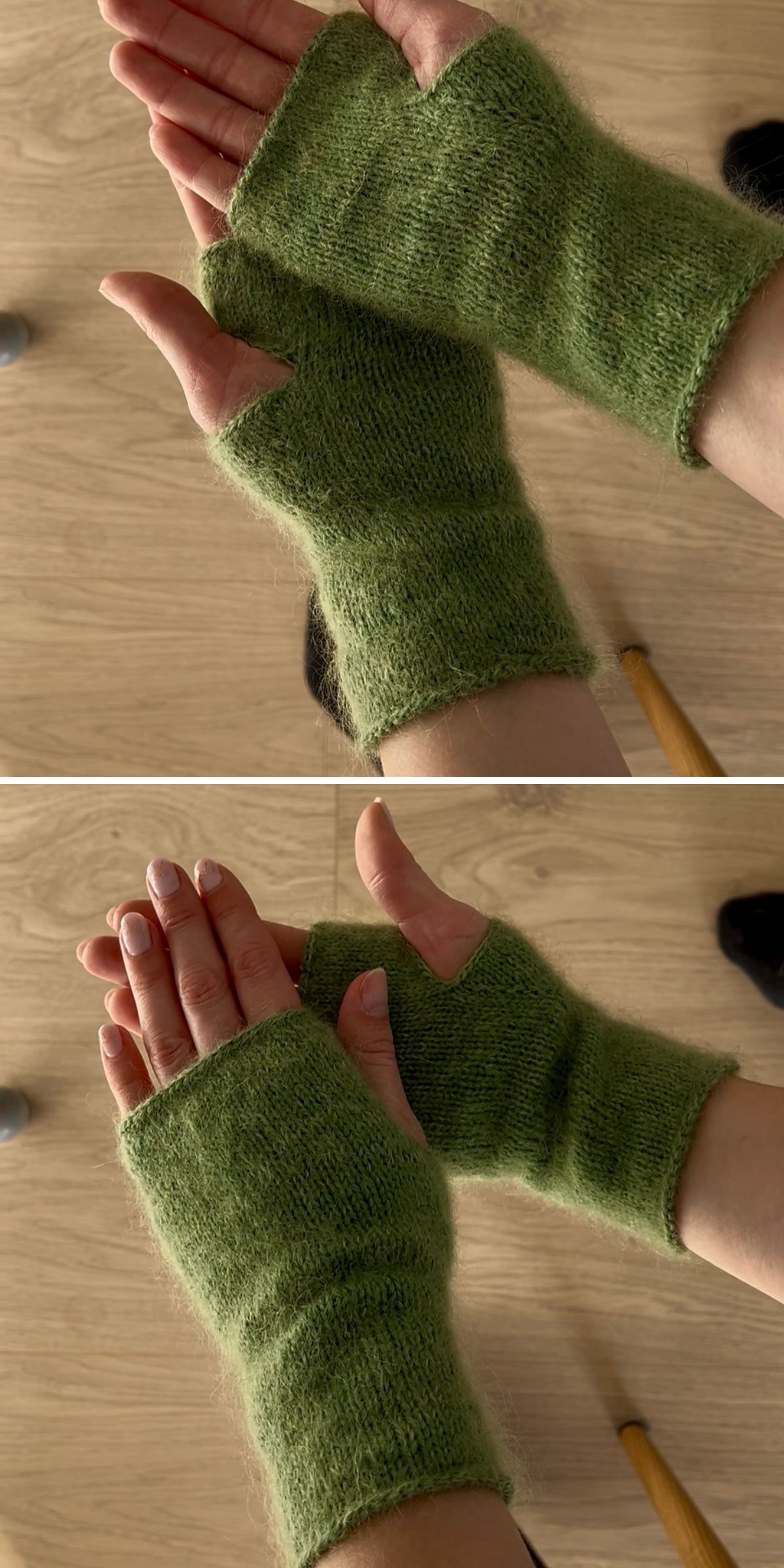 Two photos show a pair of hands wearing cozy knit fingerless gloves, displayed palm up and palm down, against a wooden floor background.