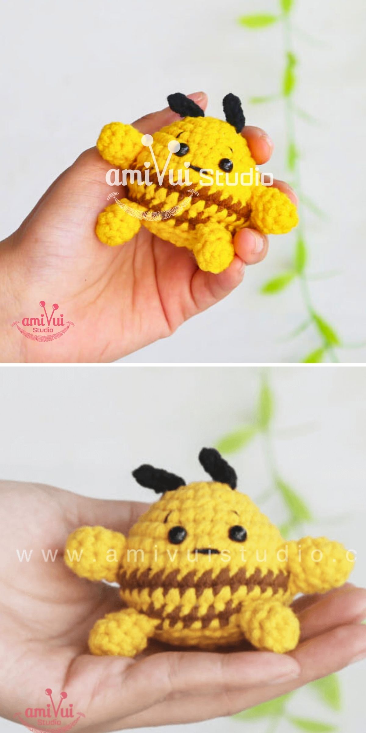 A hand holds a small, yellow and brown crochet bee plush toy with black antennae, shown from two angles against a blurred background.