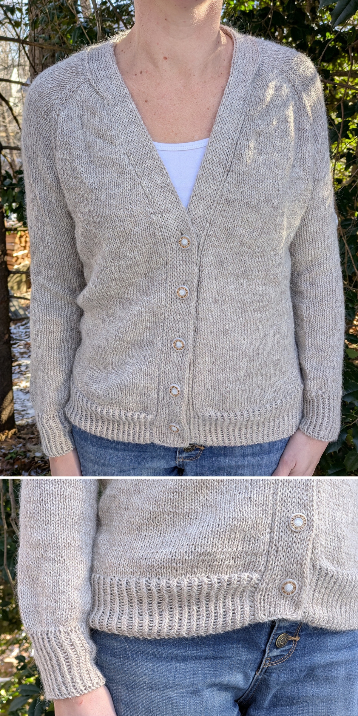 Person wearing a cozy knit cardigan in light beige with buttons over a white top and blue jeans, standing outdoors in natural light.