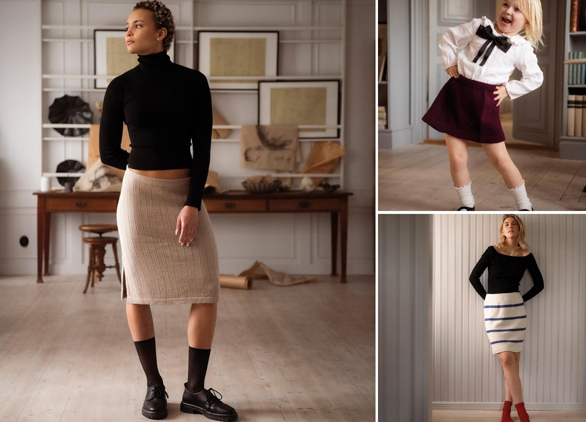 Three people in separate rooms modeling stylish knit skirts; one adult in beige, one child in maroon, and another adult in a beige knit skirt with stripes, all standing on light wooden floors.