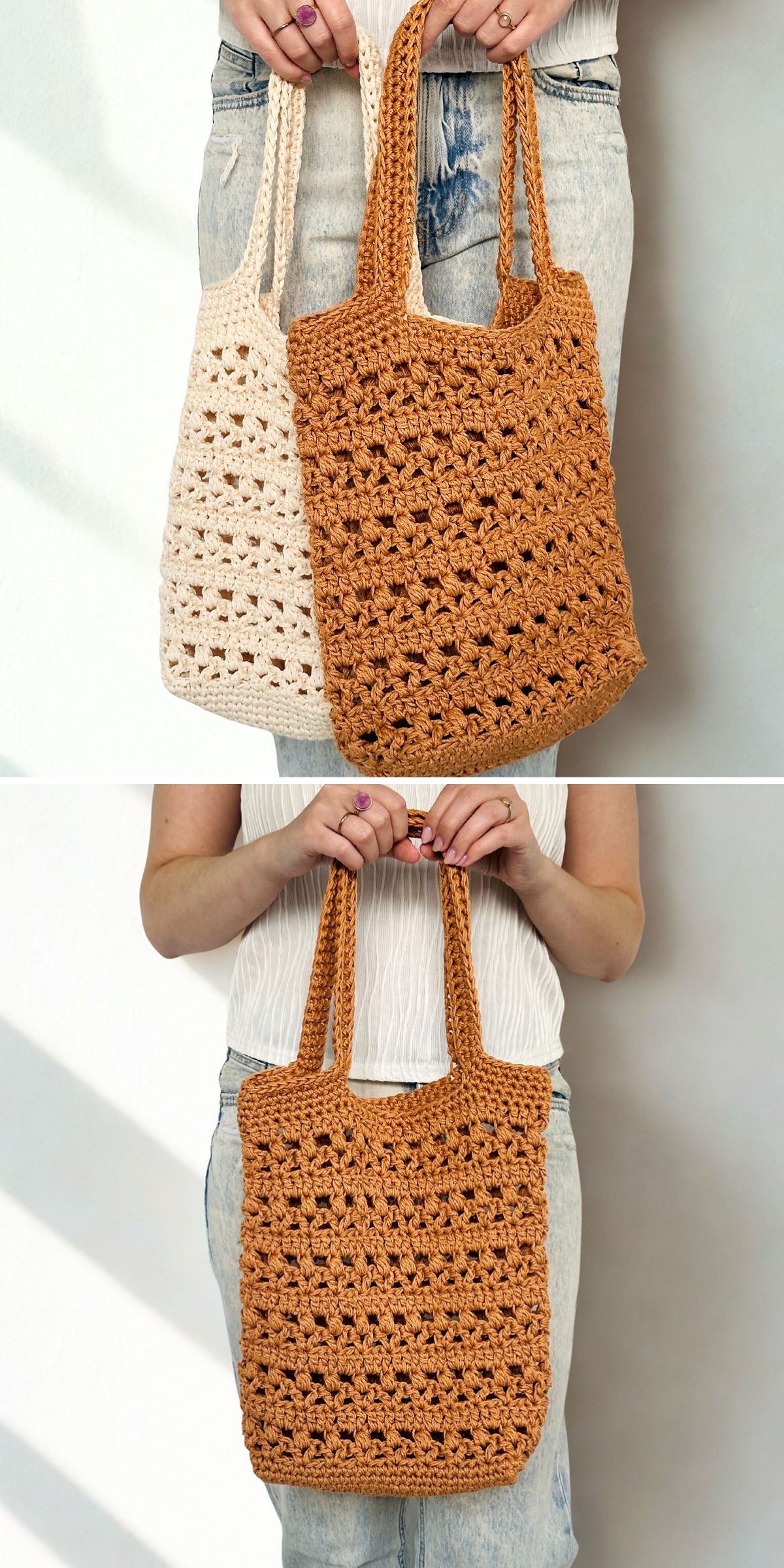 Two images show a person holding crocheted market bags, one beige and one brown, against a plain background. The bags have a textured, openwork pattern and are held by the handles.